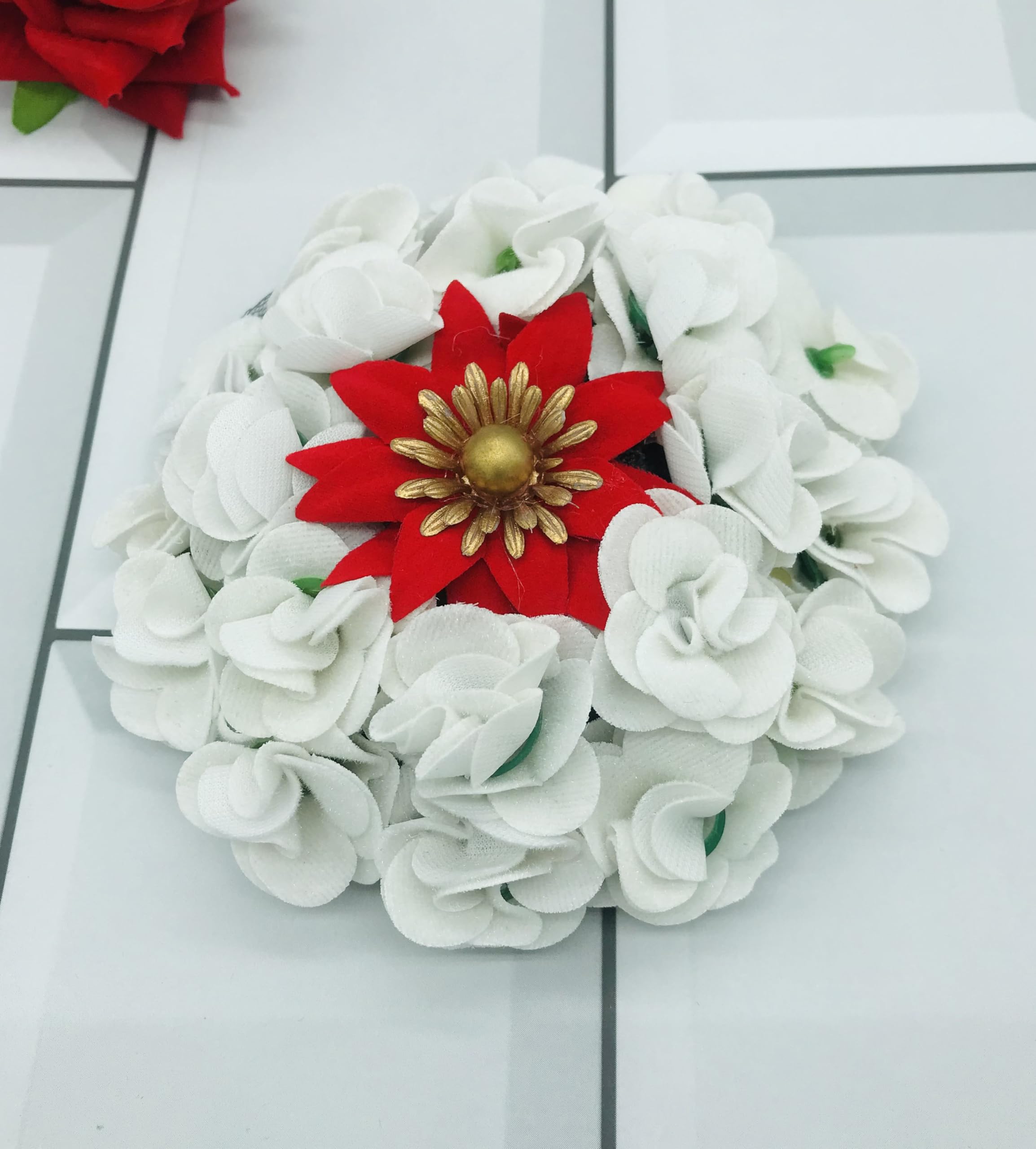 Gadinfashion™ Artificial Flower Bridal Hair Juda/Gajra - Red & White Hair Bun Flower Accessories for Women & Girls (Pack of 1) - Perfect for Weddings, Parties & Special Occasions