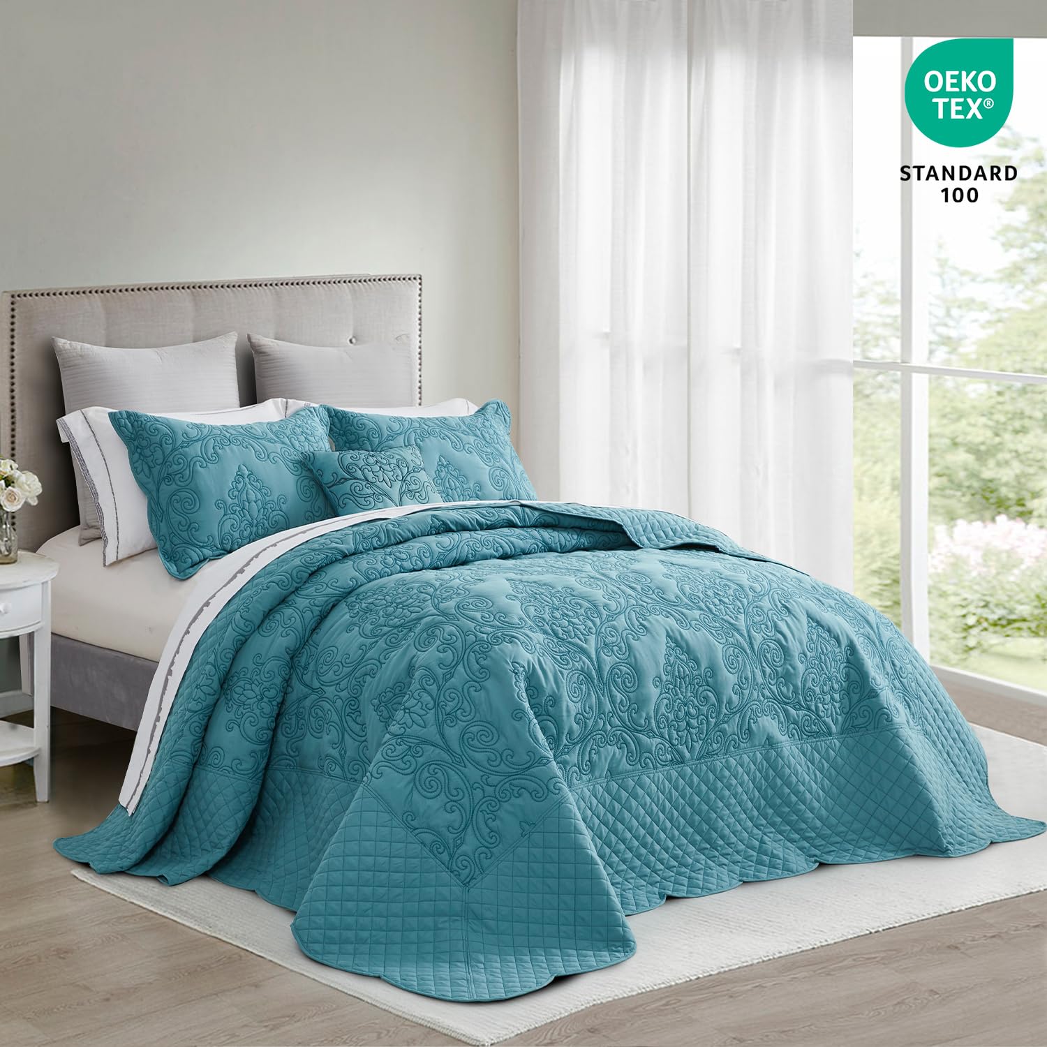 Luxury CHIXIN Full Size Reversible Bedspread Coverlet Quilt Set - 4 Piece Lightweight Bedding with Damask Paisley Pattern & Beautiful Stitching (Full, Lagoon) - Perfect for Guest Rooms, Master Bedrooms & Cozy Home Decor