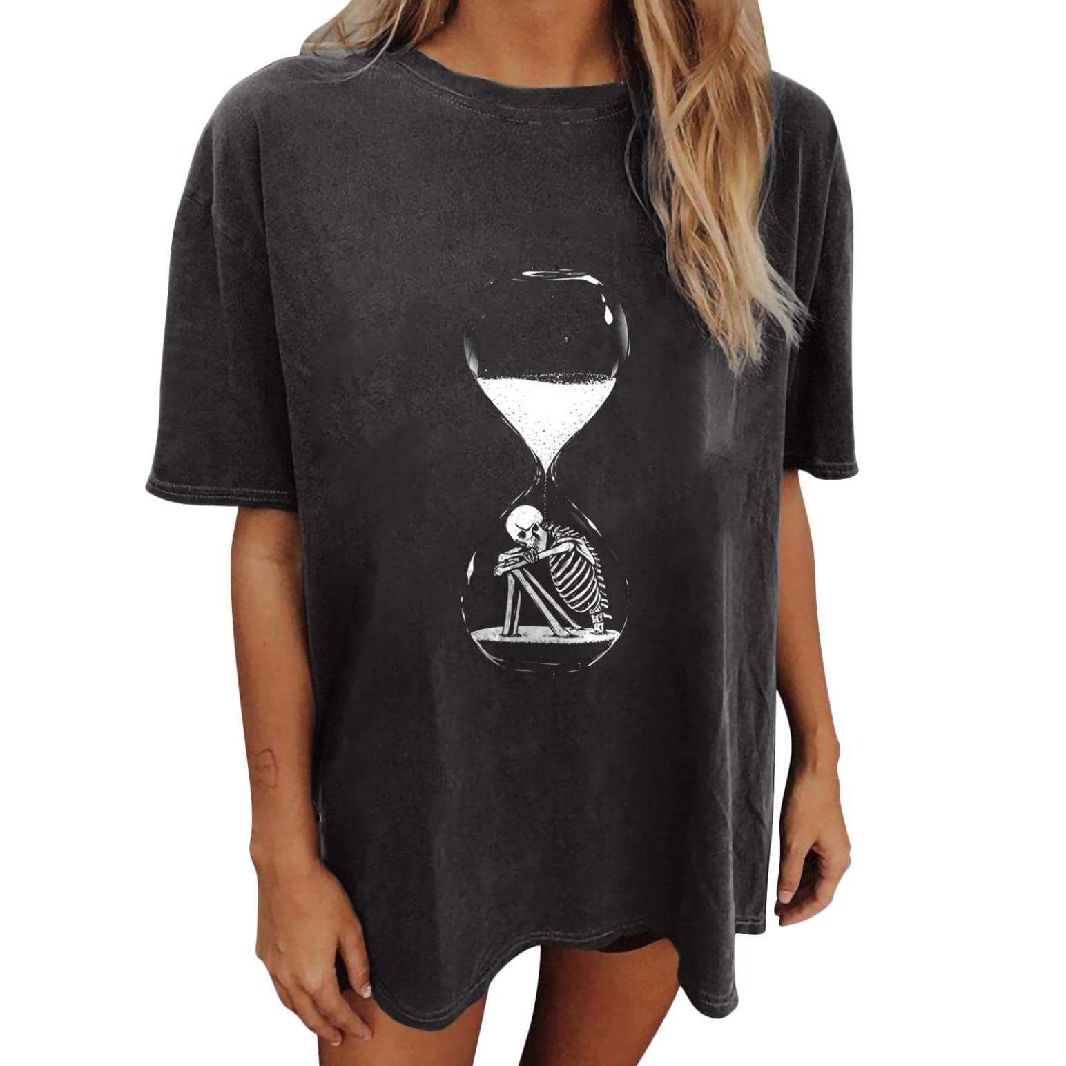 Women's Halloween Skeleton T-Shirt - Grunge Oversized Top for Party & Costume