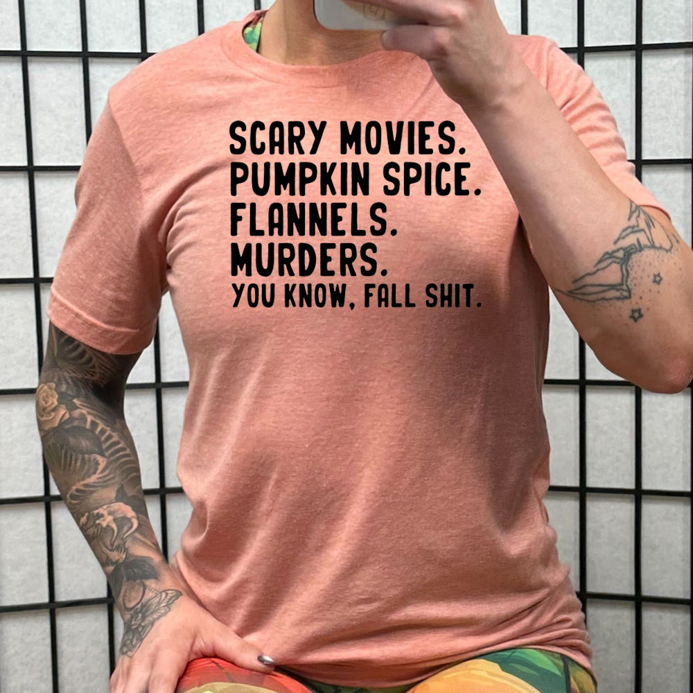 Unisex Fall Shirt - Scary Movies, Pumpkin Spice & Flannels Design | Perfect for Halloween, Autumn Outfits & Cozy Seasonal Style