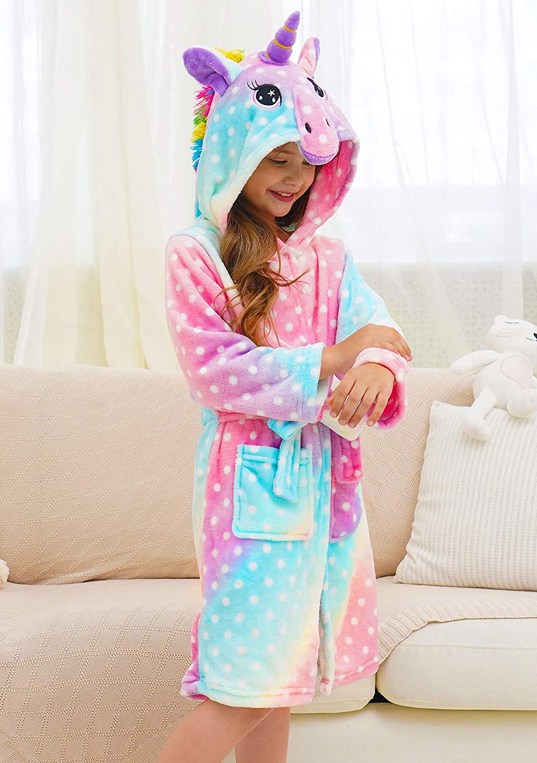 Soft & Cozy Unicorn Dots Bathrobe for Women & Girls - Plush Fleece Robe with Hood for Spa, Lounge & Relaxation at Home