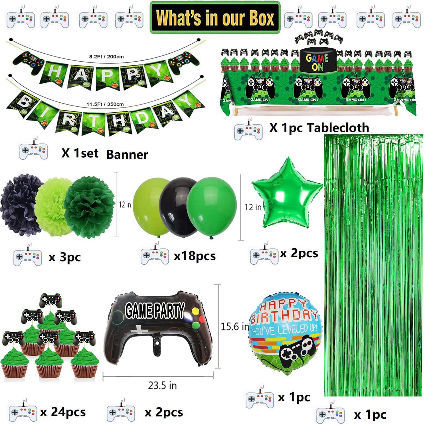 Video Game Themed Party Decorations Set - Happy Birthday Banner, Balloons, Tablecloth, Foil Curtain & Cake Toppers for Boys & Family Celebrations | Perfect for Gaming Birthday Parties, Kids Events & Family Gatherings