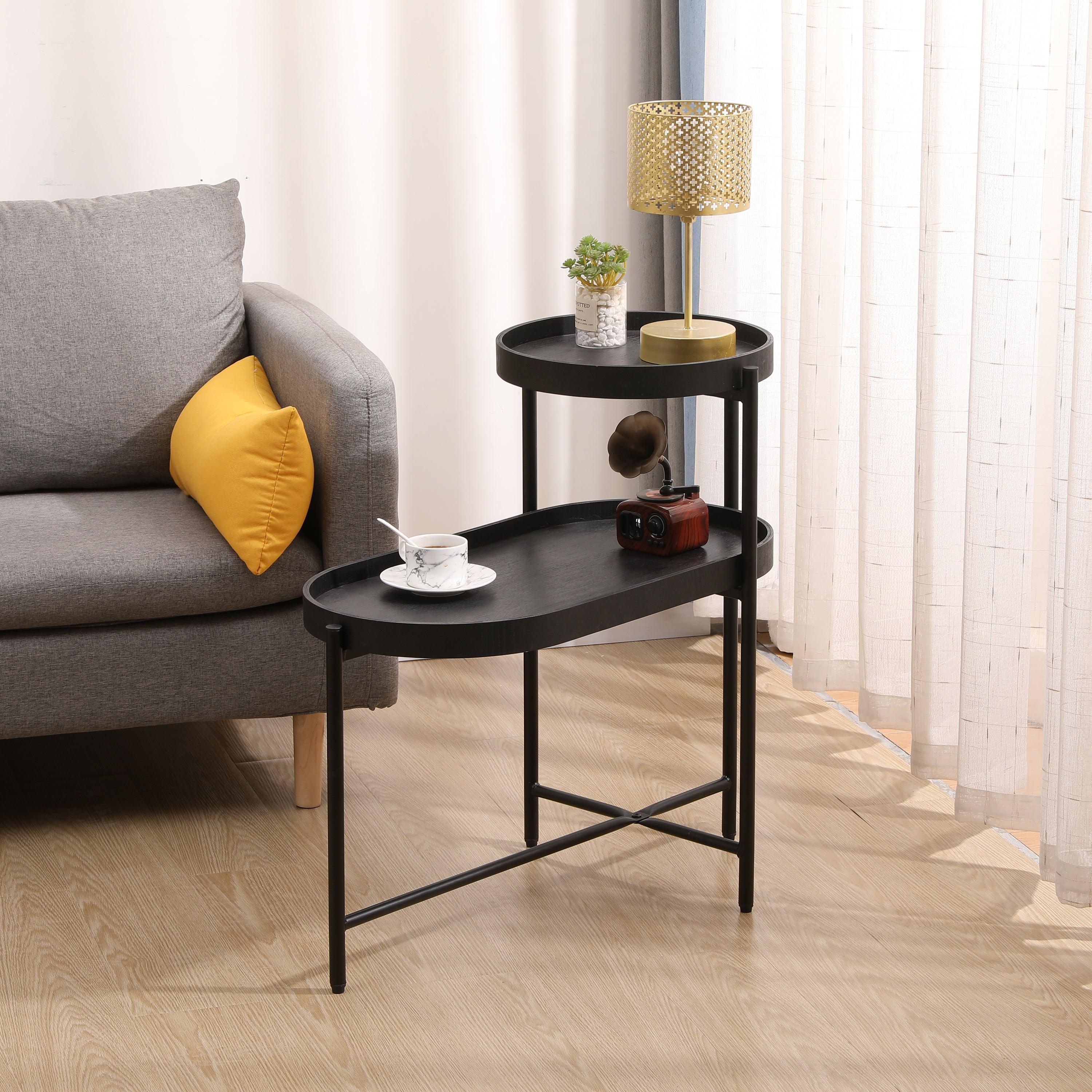 2 Tier Black Side Table with Storage - Metal Frame & Wooden End Table for Living Room, Bedroom, Office - Perfect Sofa Table, Nightstand, or Coffee Table Organizer