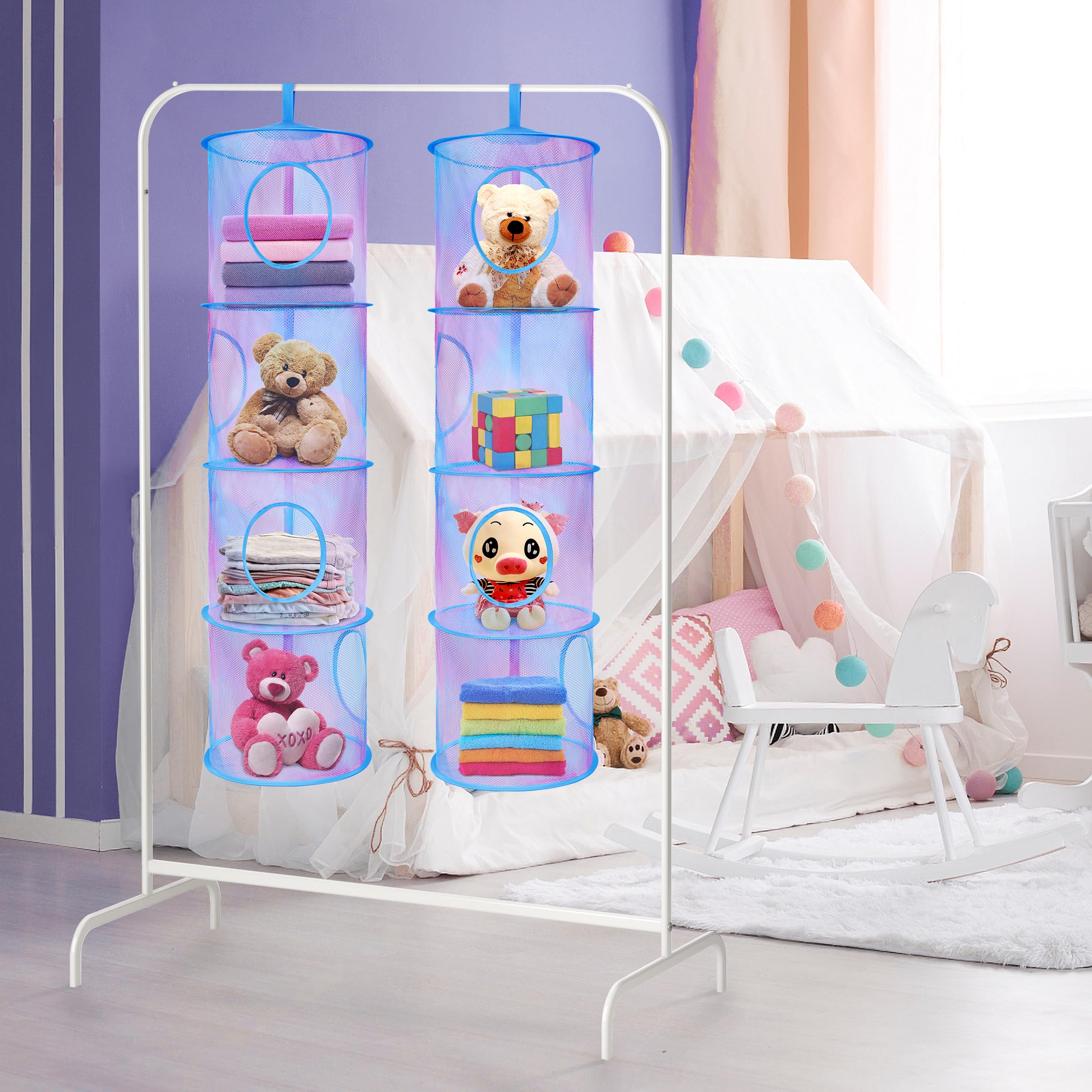 Coastal Rose 2-Pack Foldable Stuffed Animal Storage Net & Toy Hammock Organizer - 4 Compartment Hanging Mesh for Kids Room, Toys, Socks, Gloves & Hats (Pink Blue Tie Dye) - Perfect for Nursery, Playroom & Bedroom Organization