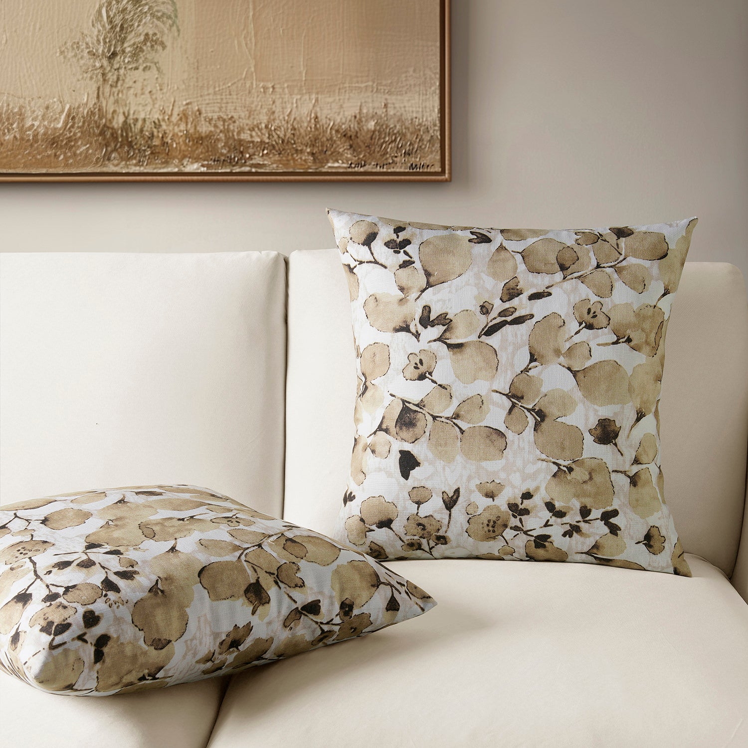 Foiliage Brown Floral Textured Printed Cotton Cushion Covers (Set of 2) - Soft Decorative Pillow Cases for Sofa, Bed, Living Room & Home Decor