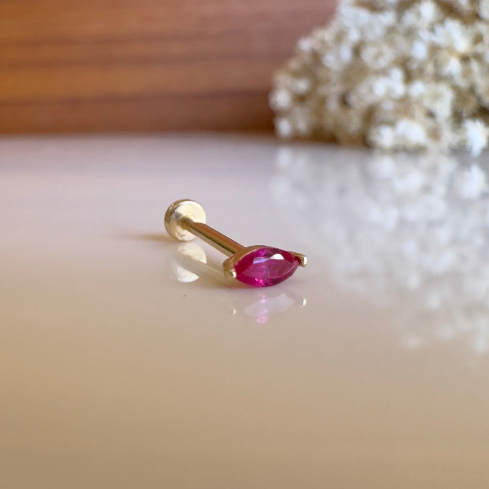 14K Yellow Gold Marquise Pink Ruby Flat Back Stud Earrings for Women - Elegant Dainty Jewelry for Parties, Weddings & Everyday Wear