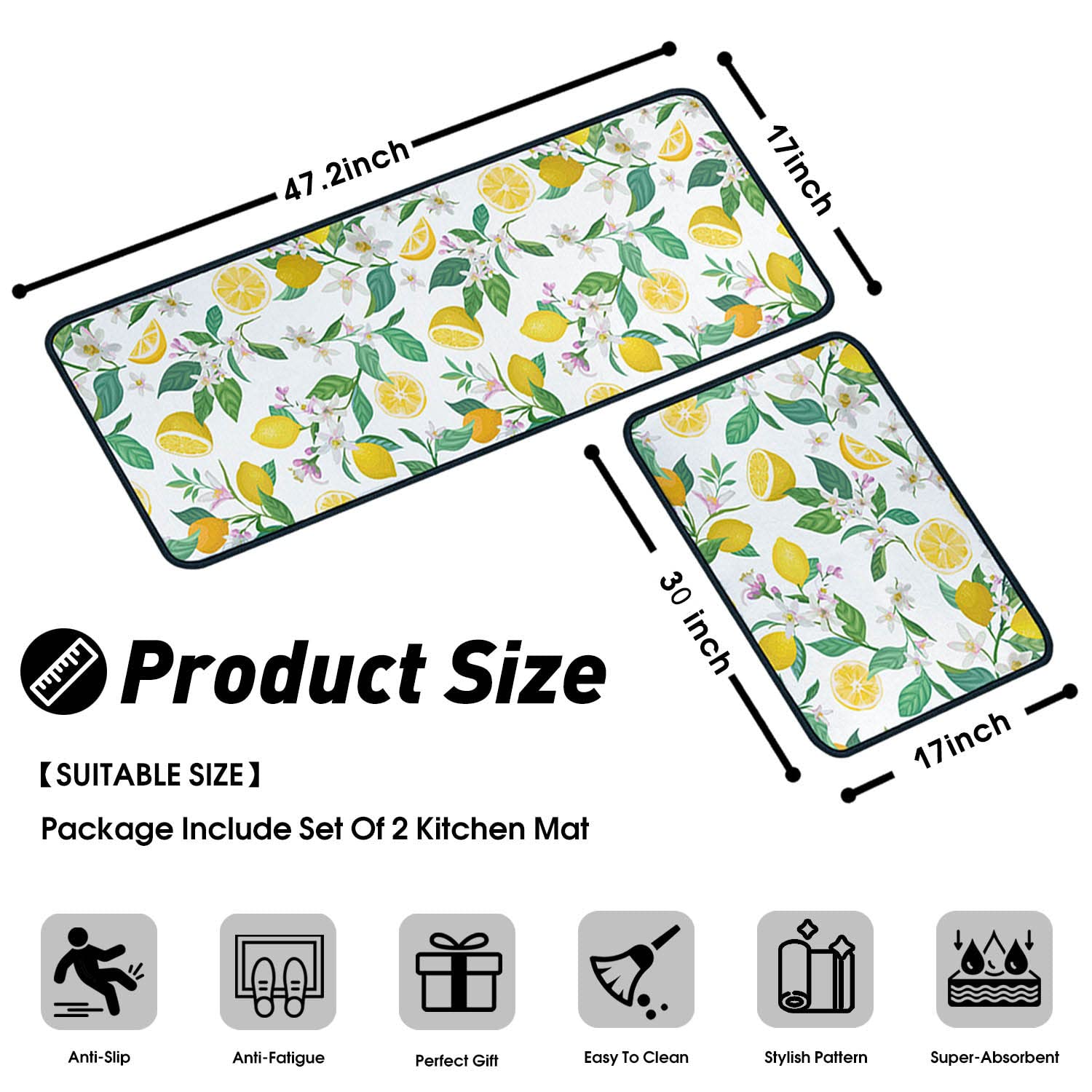 Non-Slip Washable Microfiber Kitchen Rugs Set of 2 - Absorbent Stain Resistant Floor Mats (17