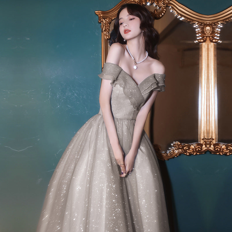 Elegant Off Shoulder Long Prom Dress in Sparkly Gray - Perfect for Evening Gala, Homecoming Dance & Formal Events