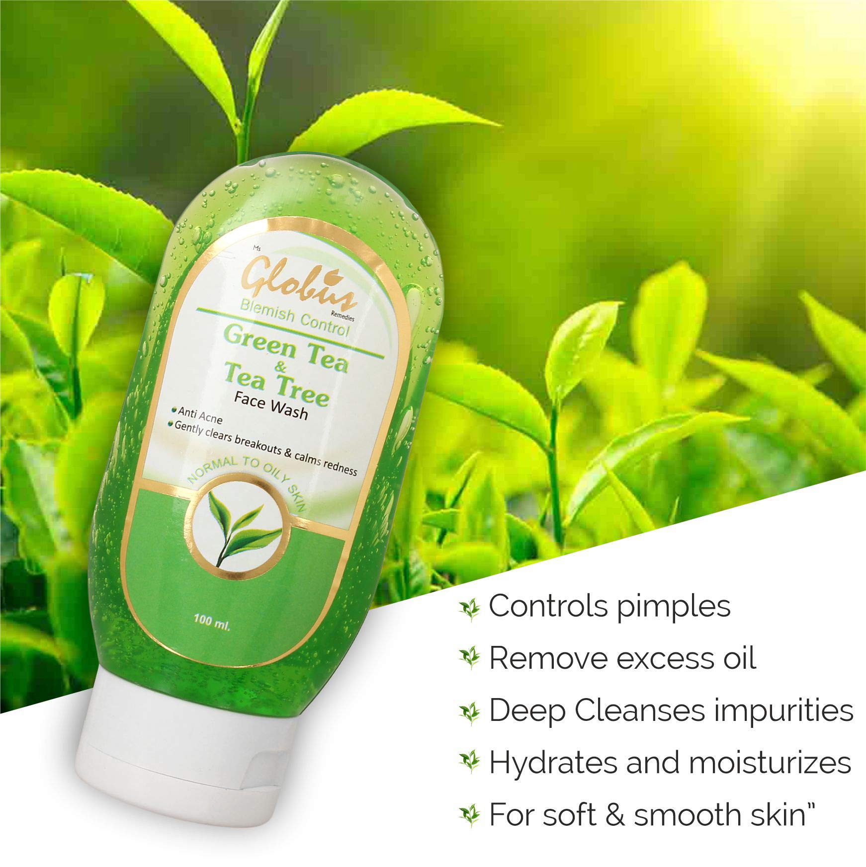 Globus Green Tea & Tea Tree Facial Cleanser 100ml - Deep Cleansing for Acne-Prone & Oily Skin - Perfect for Daily Skincare Routine