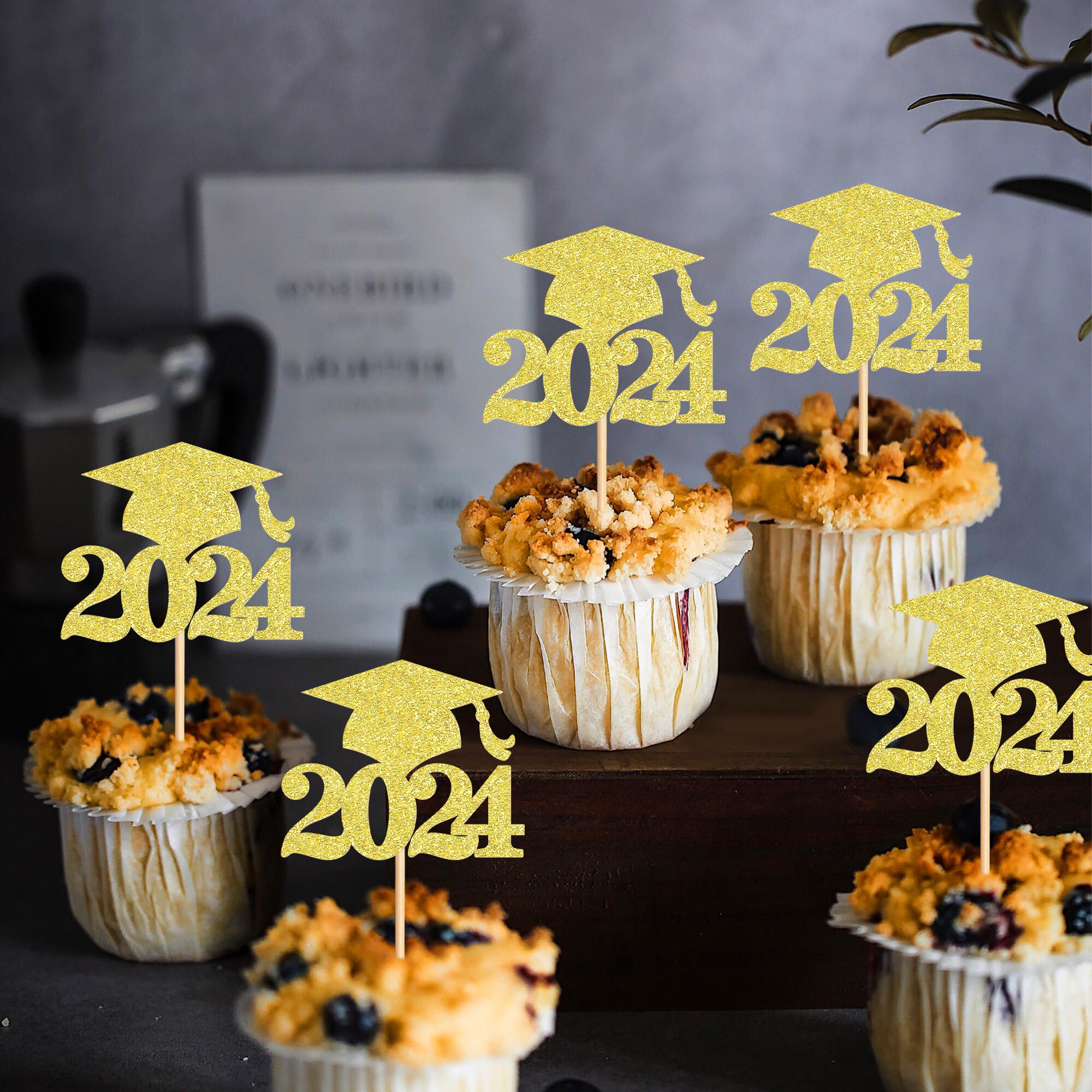 36 Pack Gold Glitter Graduation Cupcake Toppers - Class of 2024 Grad Cap Cake Decorations for Graduation Party Supplies | Perfect for Graduation Cakes, Cupcakes, Desserts and Celebration Decor