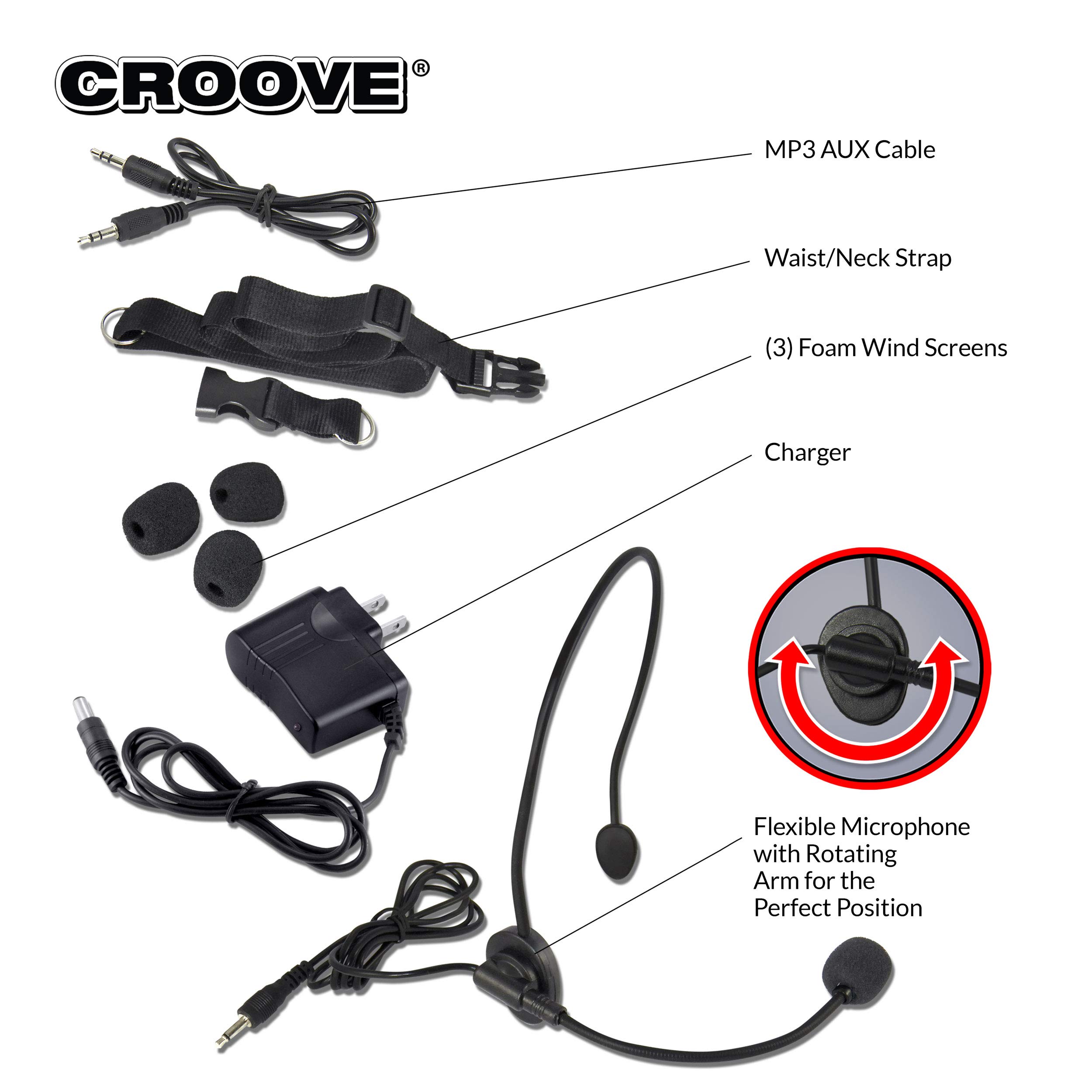 Croove Rechargeable Voice Amplifier Microphone Headset with MP3 Support | Portable Speaker & Mic Set with Waist/Neck Strap & Belt Clip | Ideal for Teachers, Tour Guides, Public Speaking & Outdoor Events