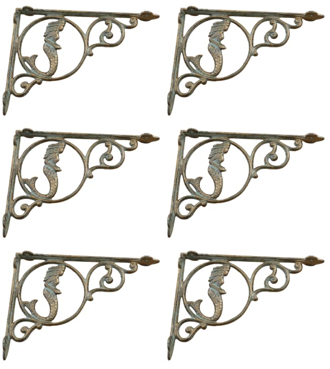 Midwest Craft House 6 Pack Cast Iron Mermaid Nautical Shelf Brackets - Rustic Decorative Wall Shelves for Bathroom, Kitchen, or Beach House Decor