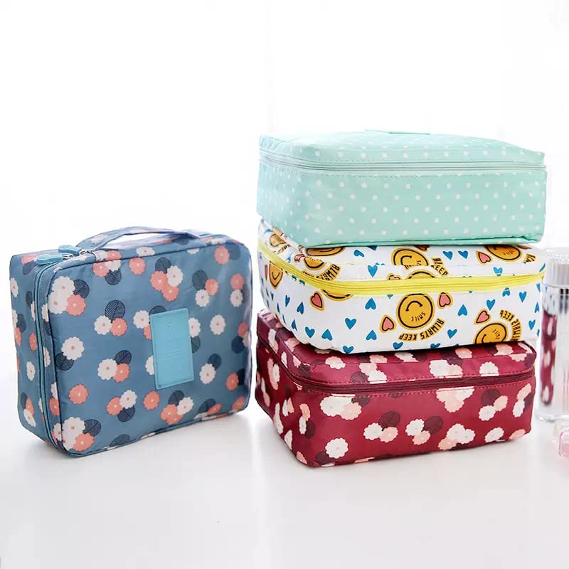 Multipurpose Travel Cosmetic Makeup Pouch for Women | Waterproof Toiletry Bag with Multiple Pockets | Compact Wash Bag & Storage Organizer for Makeup Brushes, Jewelry & Innerwear | Perfect for Vacation, Gym & Daily Use - Blue Floral Design