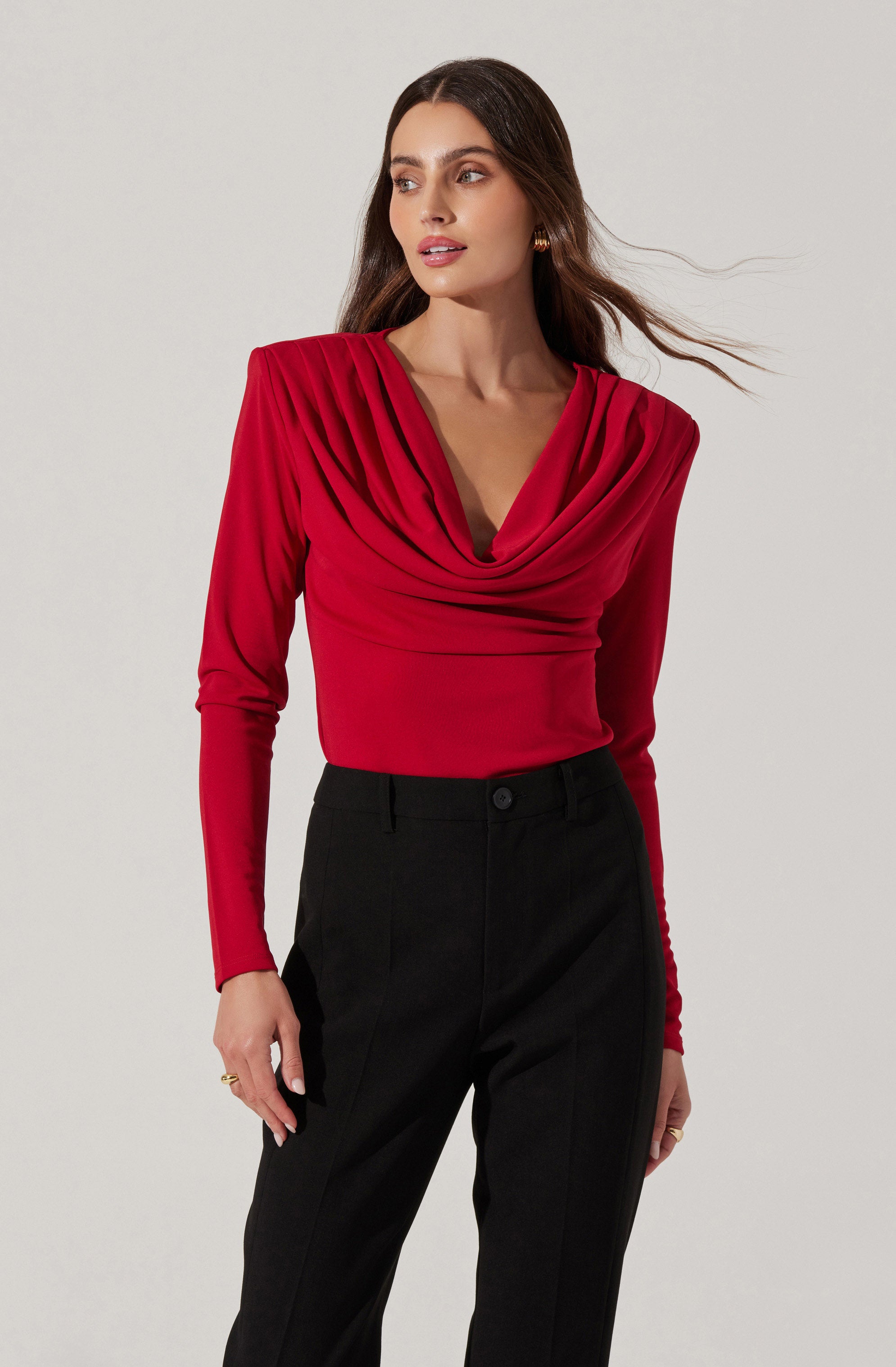 Elegant Deep Cowl Neck Top for Women - Soft Stretchy Long Sleeve Blouse - Perfect for Office Wear, Date Night & Special Occasions