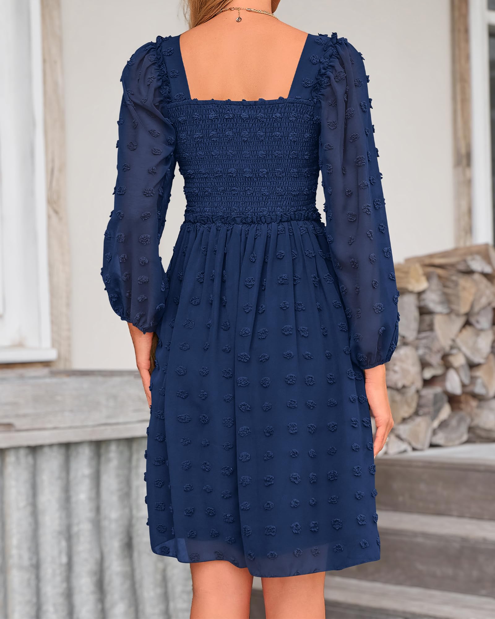 BTFBM Women's Floral Swiss Dot Boho Dress - Square Neck Smocked Long Sleeve Mini Dress for Wedding Guest, Spring & Summer 2025 | Perfect for Garden Parties, Bridal Showers & Date Nights