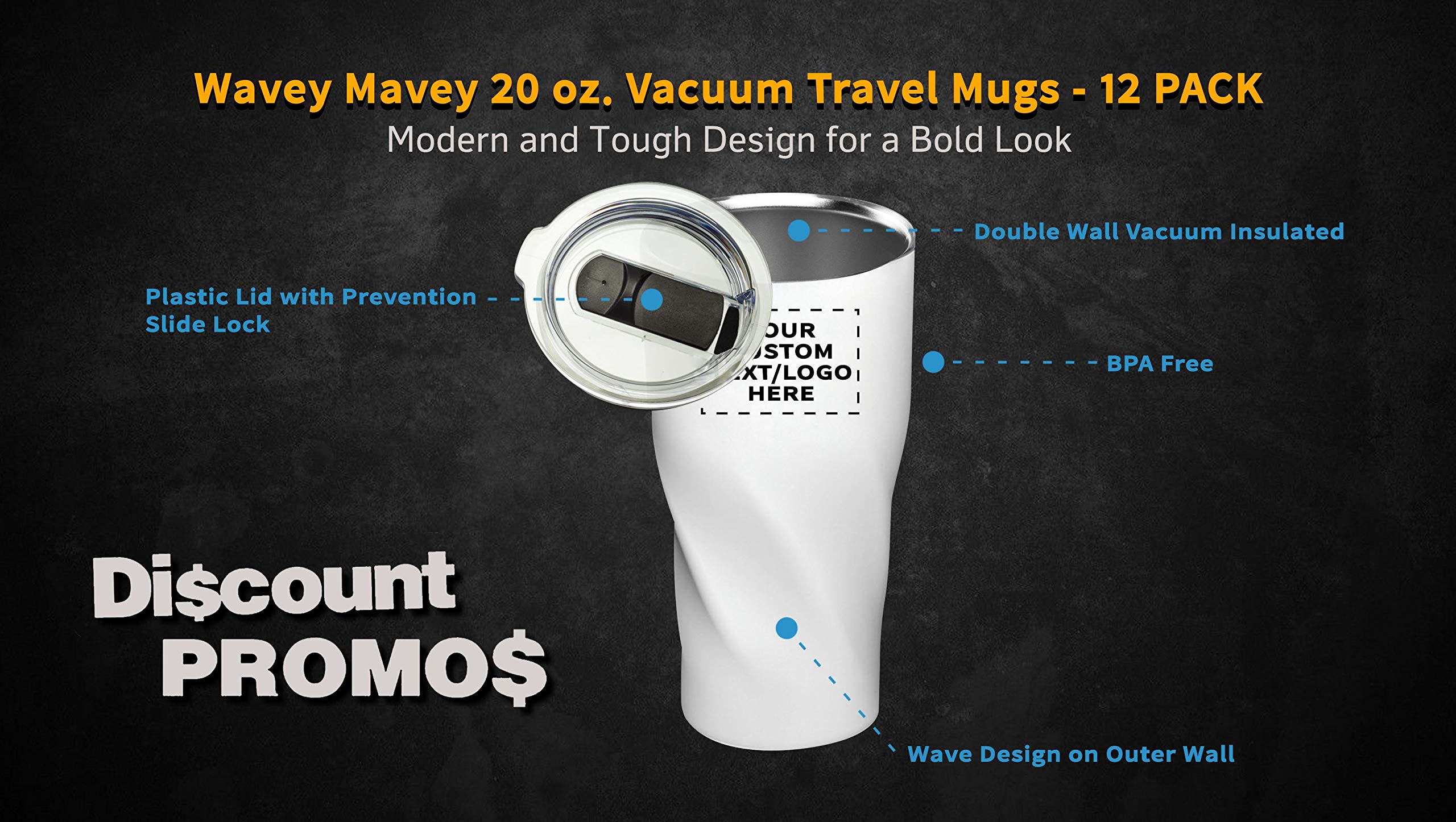 Custom 20 oz. Vacuum Insulated Travel Mugs - 12 Pack Personalized with Text & Logo - White - Perfect for Corporate Gifts, Promotional Events & Outdoor Adventures