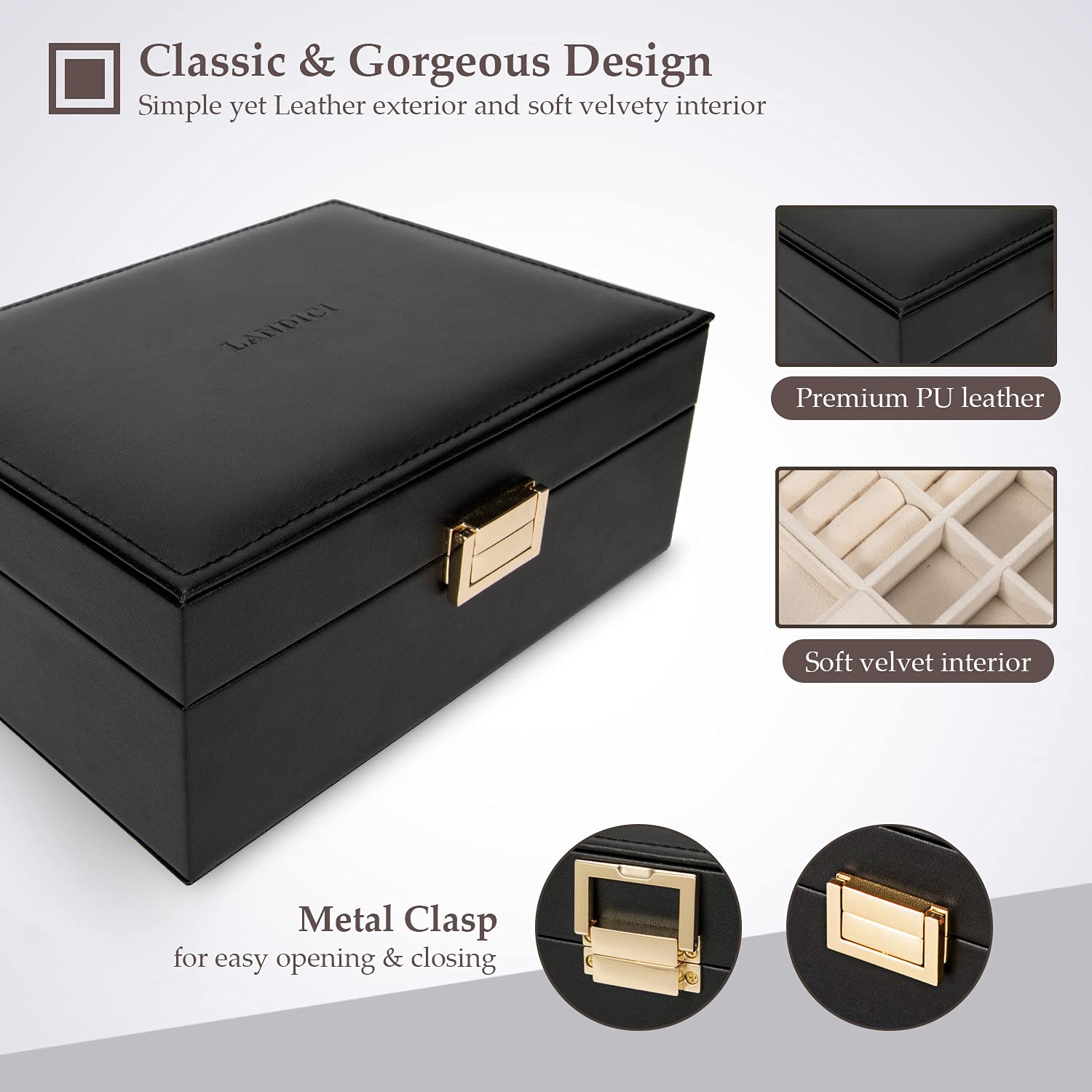 LANDICI Jewelry Organizer Box for Women & Teens - Large Leather Jewelry Storage Case with Mirror, 2-Layer Removable Stackable Trays - Perfect for Rings, Necklaces, Earrings & Bracelets - Ideal for Travel, Home Decor & Gift Giving (Black)