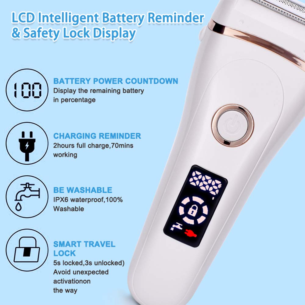 Electric Lady Shaver Bikini Trimmer for Women - Rechargeable Wet & Dry Cordless Painless Hair Removal Razor with LED Display - Perfect for Legs, Underarms & Bikini Line - White