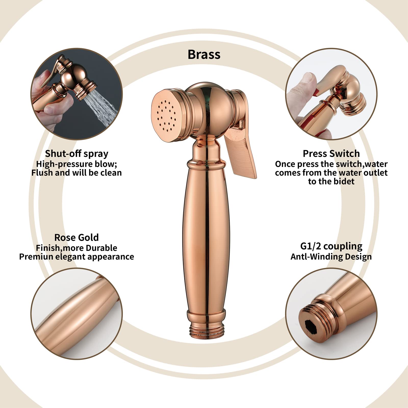 High Pressure Handheld Sprayer - Brass Nozzle Cleaner & Shower Sprayer for Pets, Garden, Car Washing | Rose Gold Finish | Perfect for Dog Bathing, Plant Watering & Outdoor Cleaning