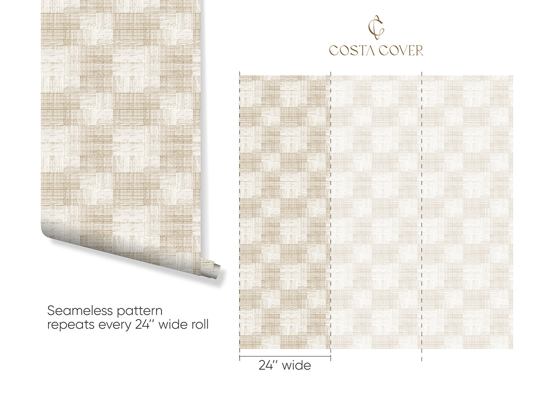 Soft Beige Checker Grasscloth Wallpaper CG023 - Peel and Stick Self-Adhesive Wallpaper for Bedroom, Living Room, Home Decor - Easy DIY Installation & Removable Wall Covering