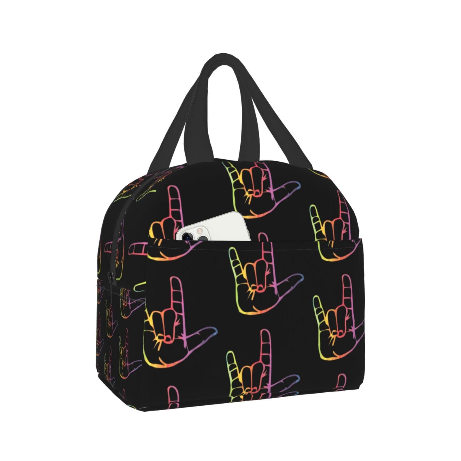 SHAMZBEST ASL I Love You Sign Language Lunch Bag - Insulated Reusable Tote for Women, Cute Washable Canvas Lunchbox for Work, Travel & School - Perfect for Office, Picnic & Daily Commute