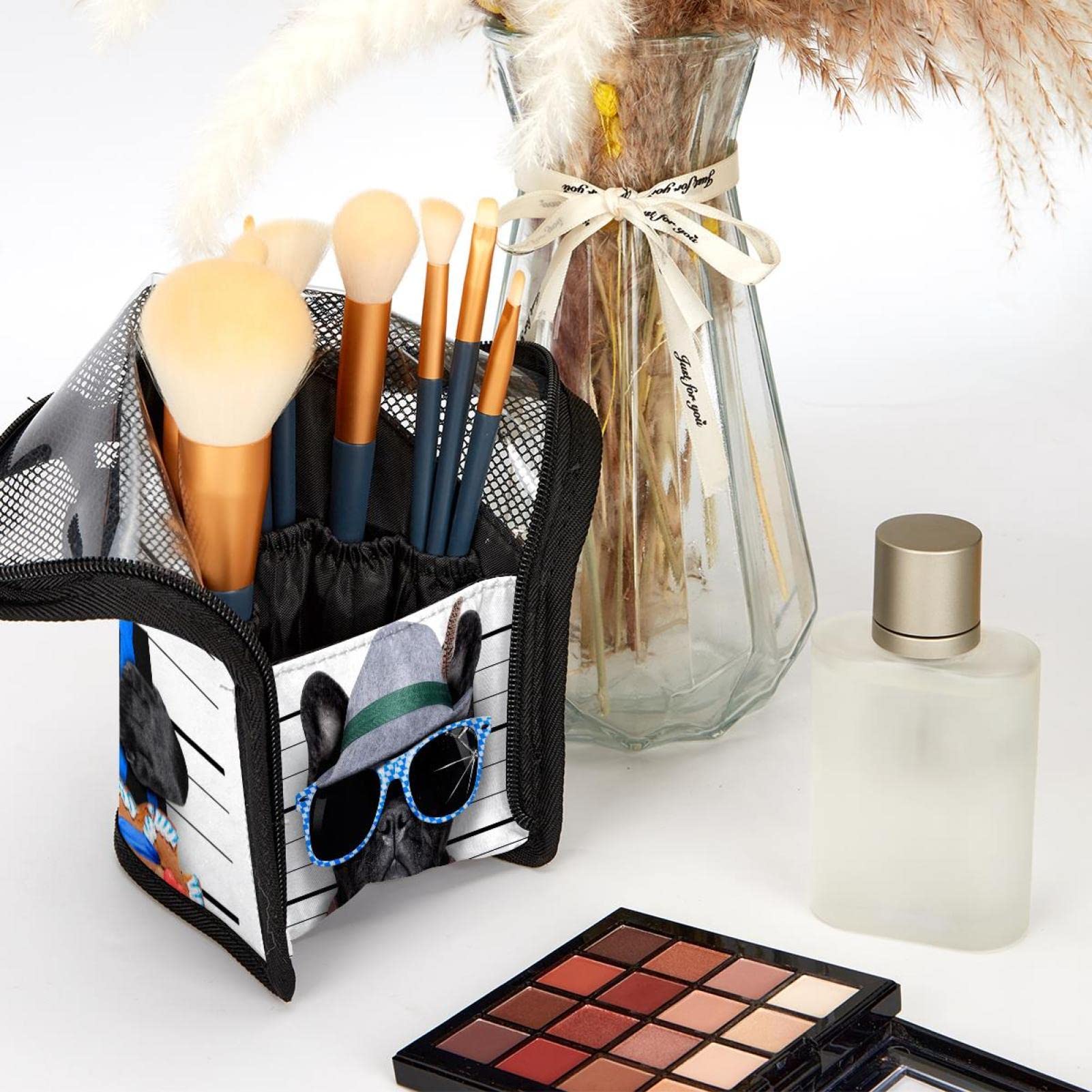 12-Piece Makeup Brush Organizer Bag with Funny Pug Dog Design - Portable Cosmetic Brush Holder Case for Travel, Home & Professional Use