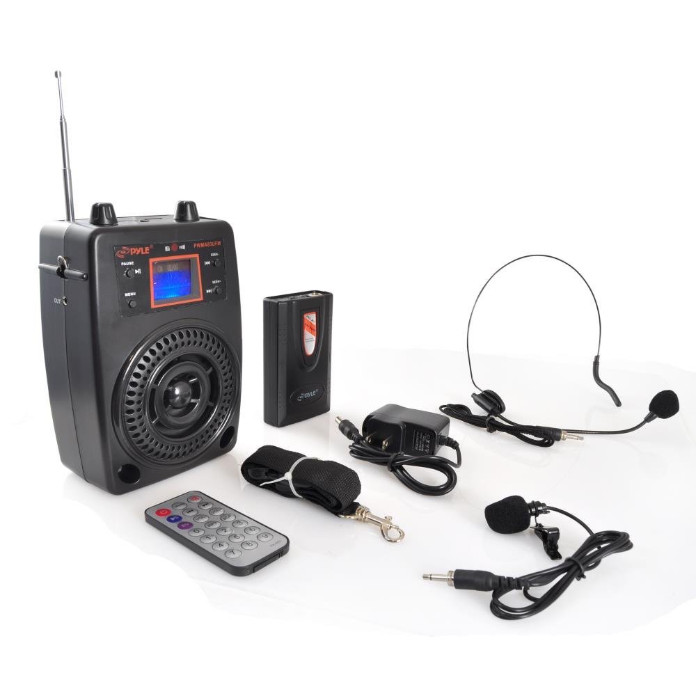 Pyle Portable PA System with Wireless Microphone Kit - Compact Stereo Bluetooth Speaker with FM Radio, LCD Display, USB & Rechargeable Battery - Includes Lavalier Headset for Outdoor Events, Parties, Public Speaking & Surround Sound (Model PWMA83UFM)