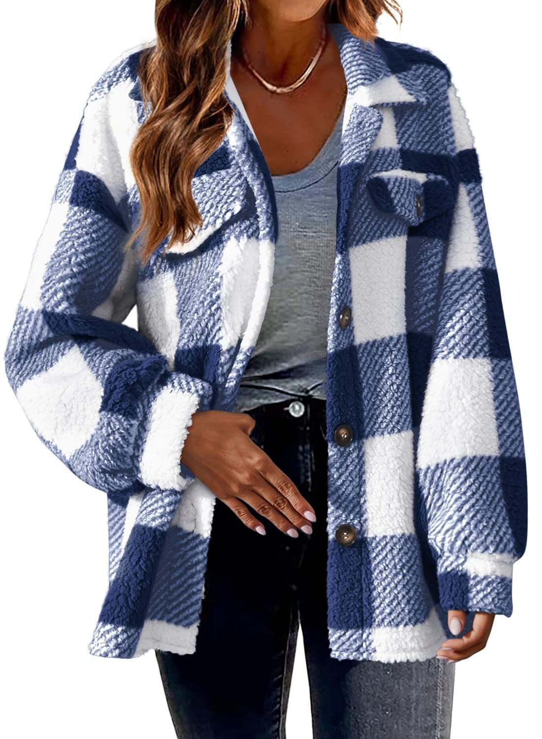 Women's Wool Plaid Jacket with Turn-Down Collar & Pockets - Single Breasted Button Down Coat for Autumn & Winter - Perfect for Office, Casual Outings & Outdoor Activities