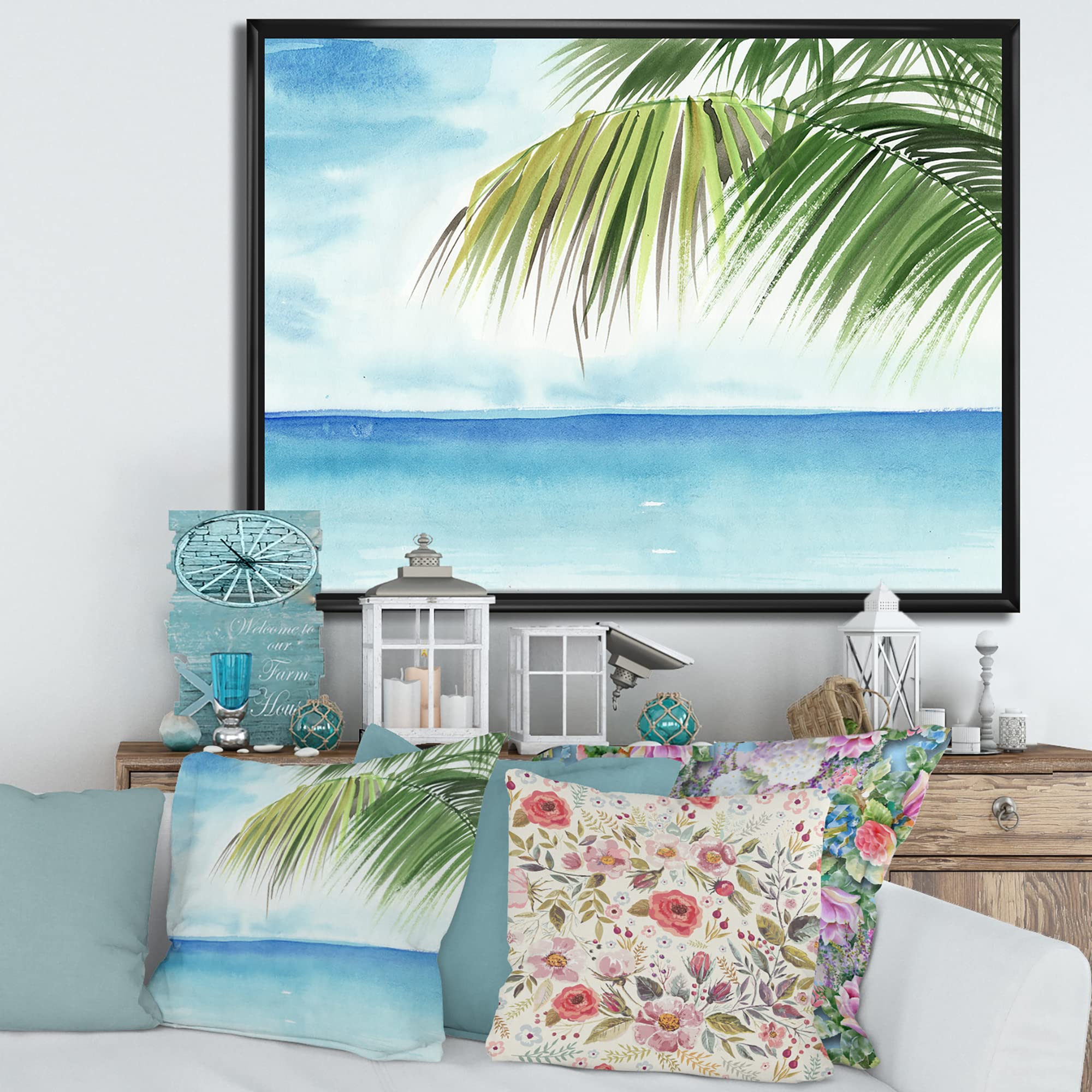 DesignQ Palm Beach Resort At Dawn III - Nautical Coastal Framed Canvas Wall Art Print for Living Room, Bedroom & Office Decor | Beach House Wall Decor | Ocean Themed Home Art