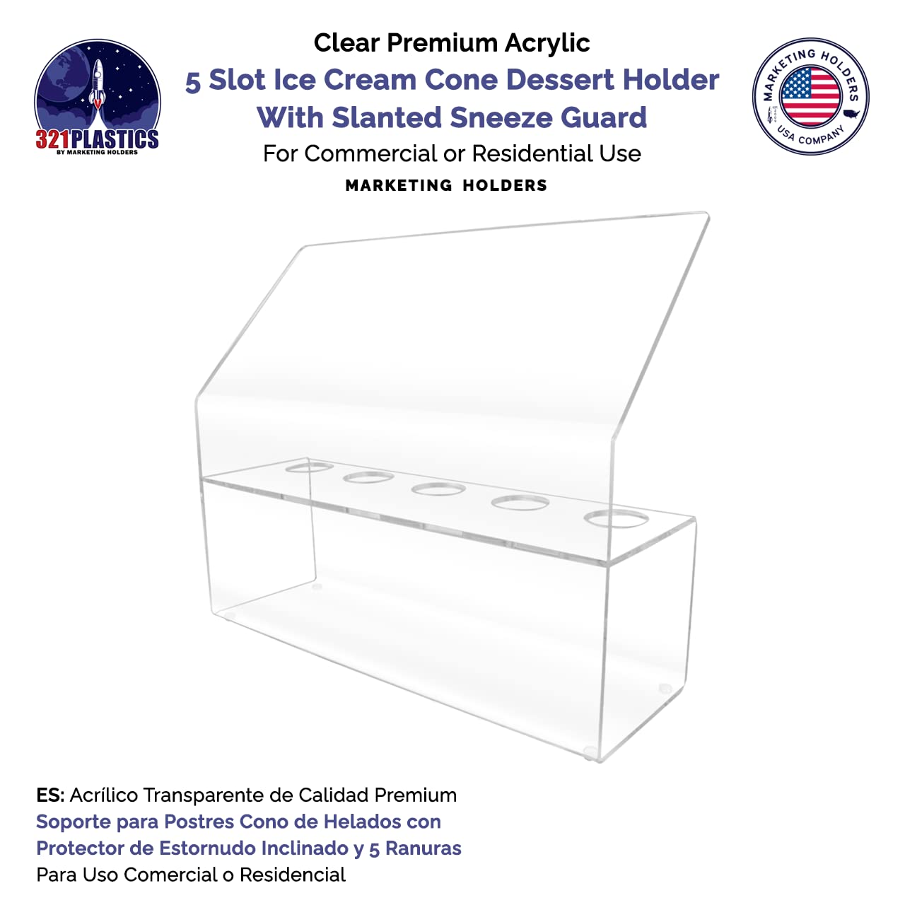 4 Pack Clear Acrylic Ice Cream Cone Holder - 5 Slot Countertop Dessert Display with Slanted Sneeze Guard for Parties, Weddings, Catering Events - Perfect for Ice Cream Shops, Bakeries and Buffet Stations