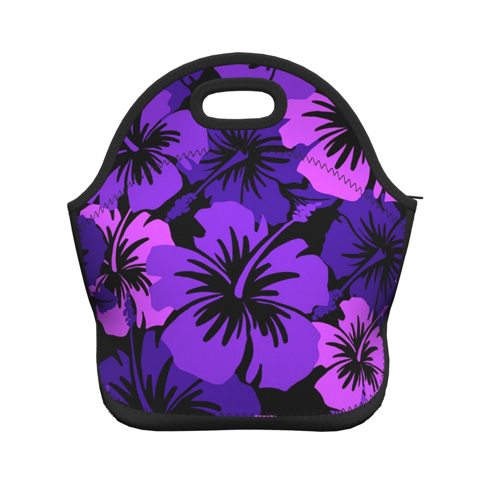 Meledre Insulated Lunch Bag - Purple Hawaiian Flowers Design, Reusable Tote Lunch Box for Women & Men, Black One Size (11306) - Perfect for Work, School, Picnics & Outdoor Activities
