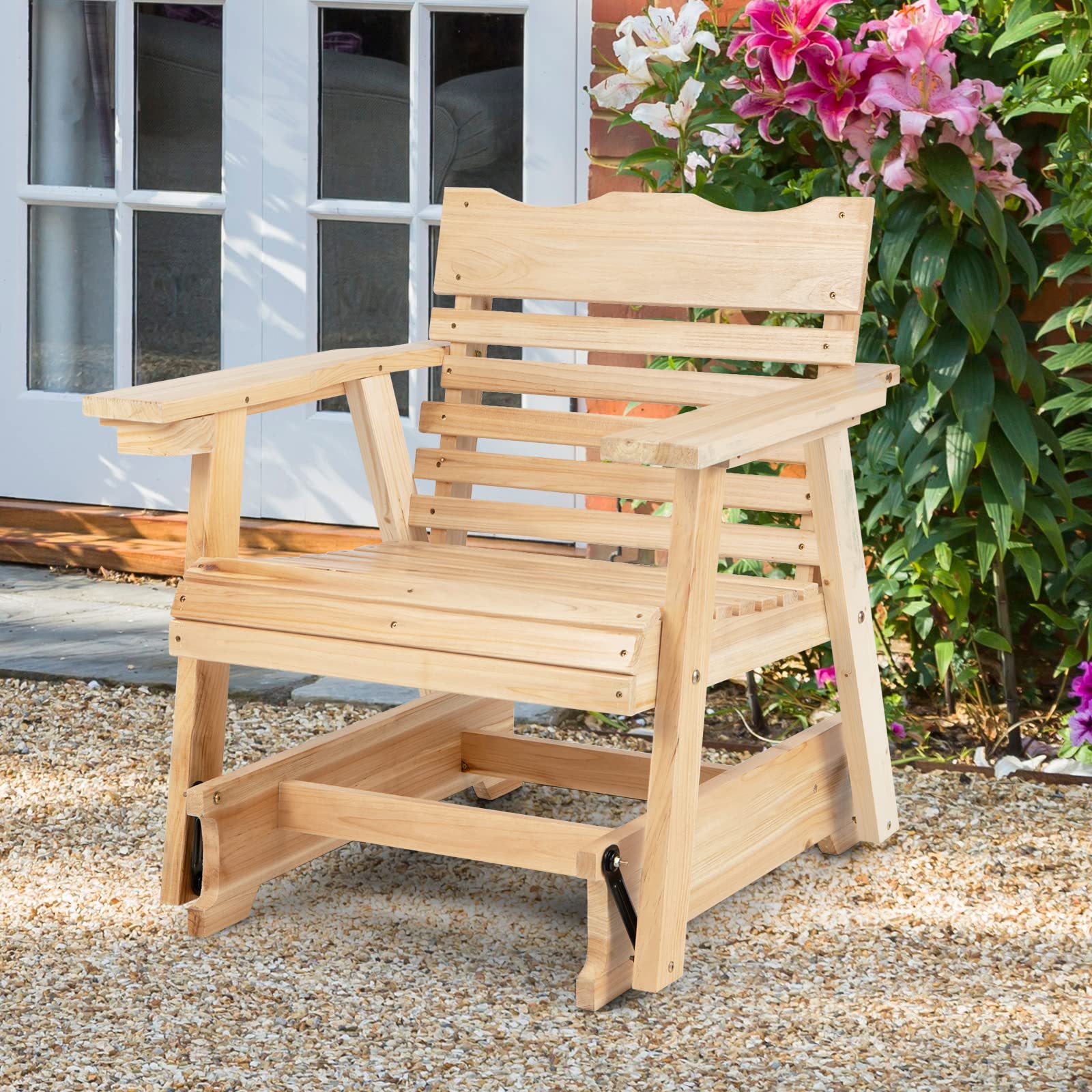 Giantex Outdoor Glider Rocking Chair Set of 2 - High Back Wooden Porch Swing with Wide Armrests, Curved Seat & Rotating Cup Holder - Perfect for Patio, Garden, Balcony, Poolside Relaxation (Natural Finish) - Ideal for Lounging, Reading, and Enjoying Outdoor Breezes