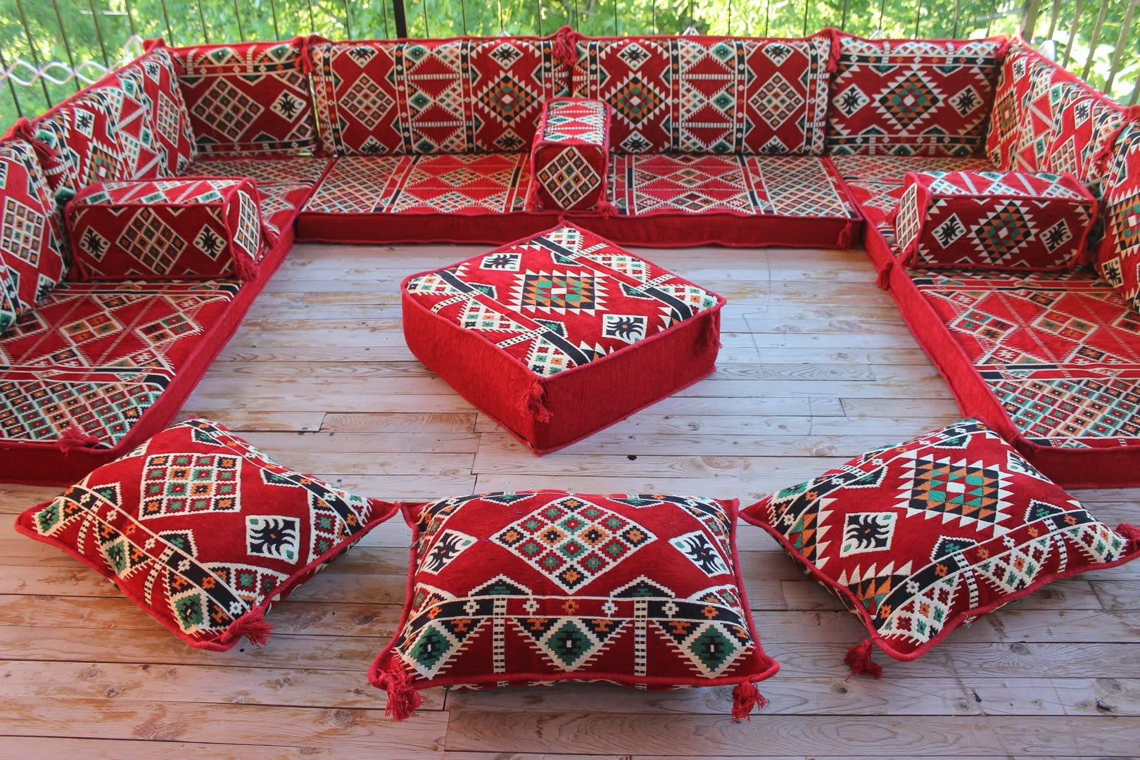 U-Shaped Floor Sofa Set - Red Modular Sectional Cushions for Living Room, Bedroom & Outdoor Patio Furniture | Oriental Decor Bench Sofa with Comfortable Floor Seating