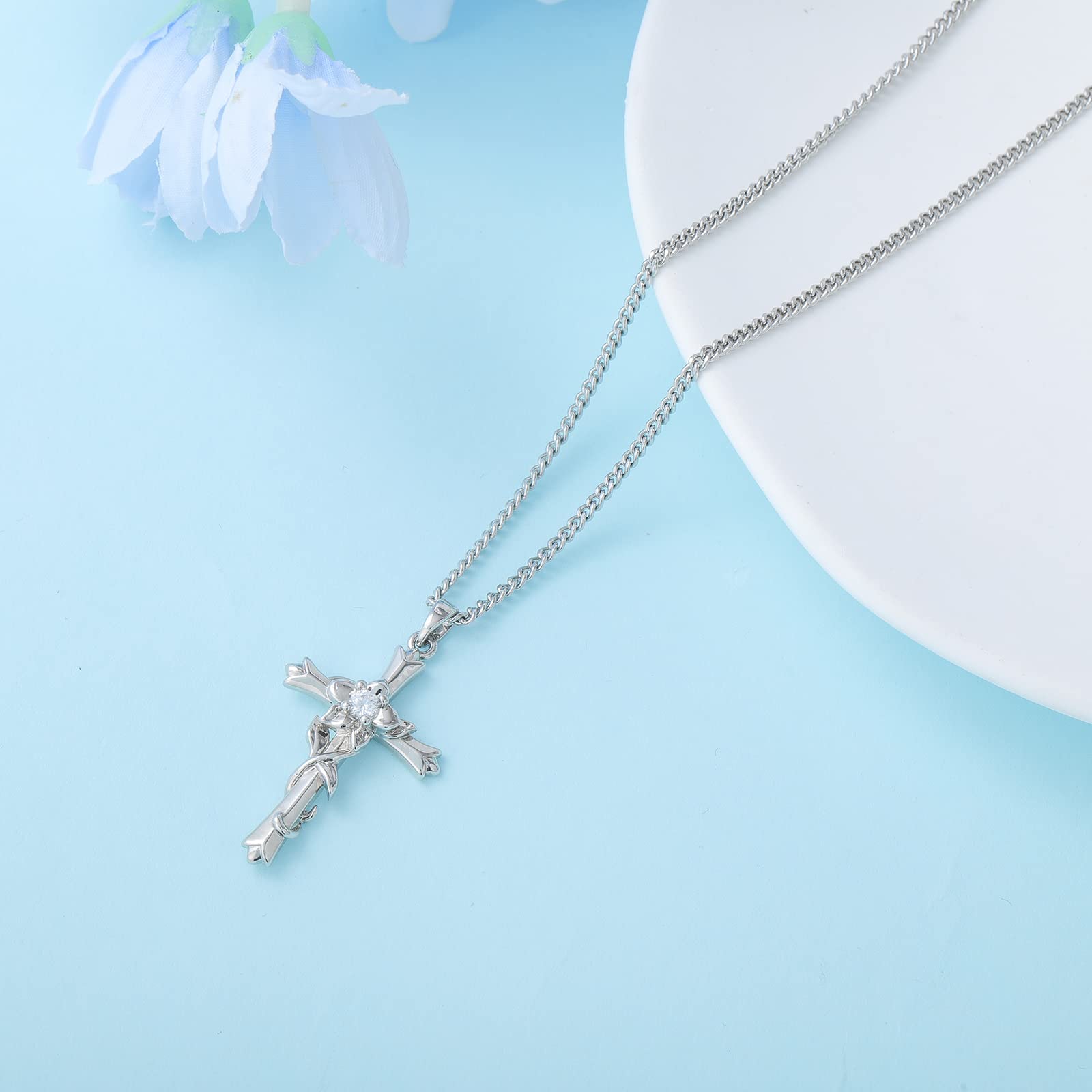 ACECHA Silver Faith Cross Necklace for Women - Birthstone & Flower Pendant Jewelry Gift for Wife, Teen Girls | Perfect for Birthday, Anniversary & Religious Occasions