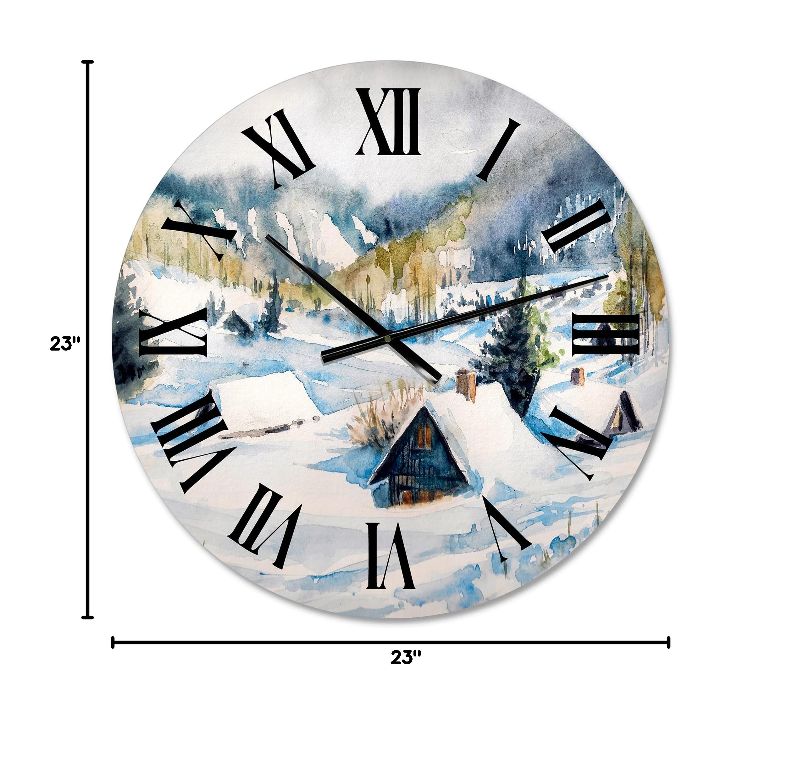 DesignQ Traditional Wall Clock 'Mountain Village in Winter' - Large Landscape Nature Wall Clock for Home Decor - Perfect for Living Room, Bedroom & Office