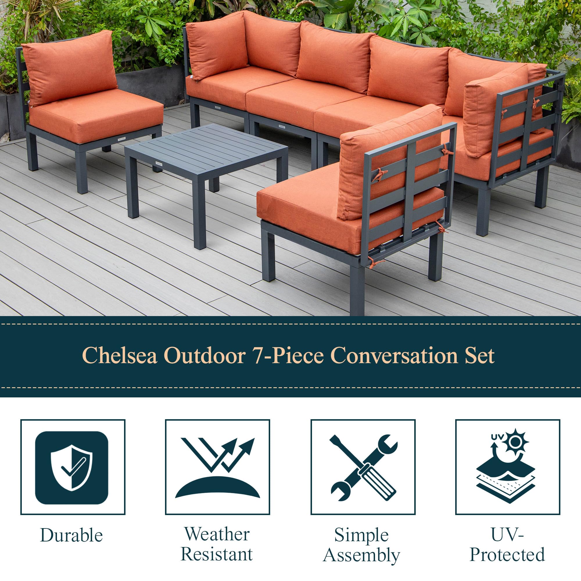 LeisureMod Chelsea 7-Piece Outdoor Patio Furniture Set - Aluminum Sectional Sofa with Weather-Resistant Cushions & Coffee Table - Orange - Perfect for Backyard, Garden, Poolside & Patio Relaxation