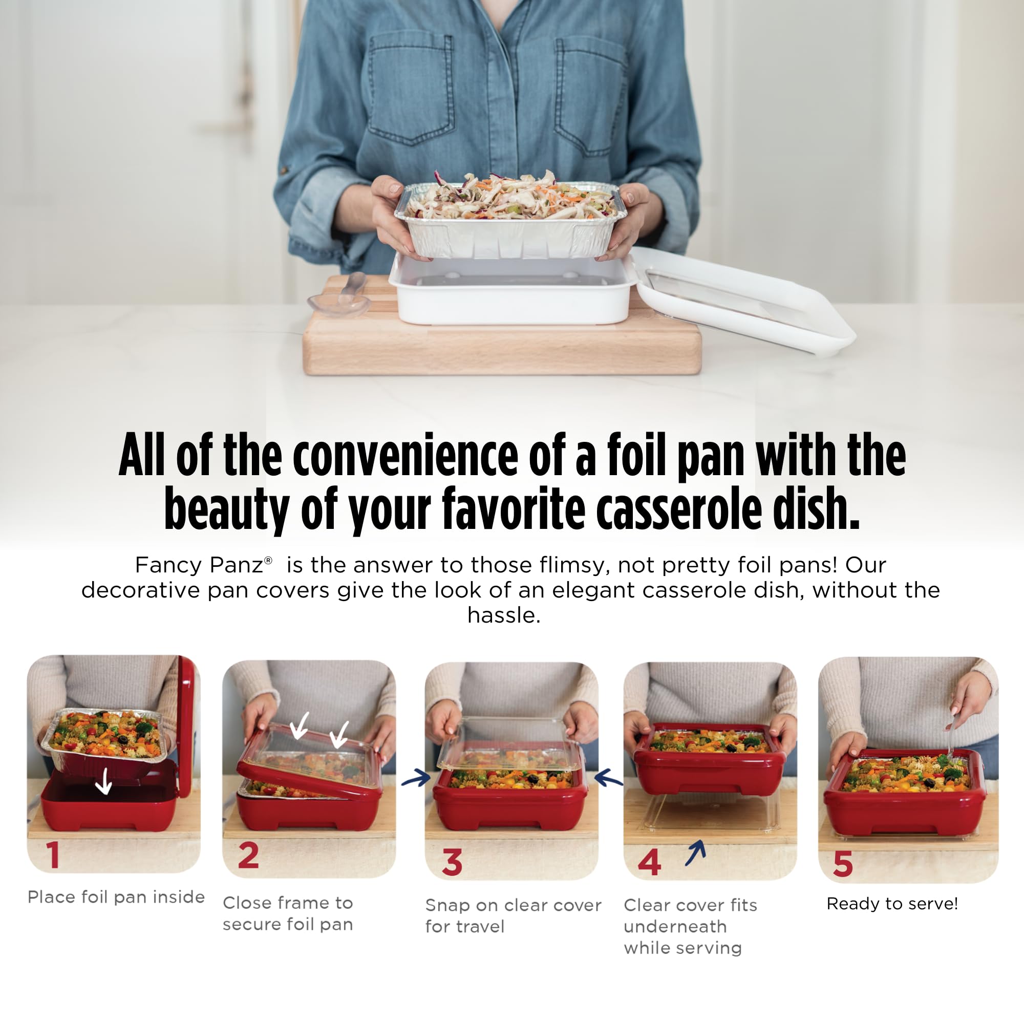 Premium 8x8 Stackable Aluminum Serving Tray with Foil Pan Carrier | Made in USA | Denim Blue Food Tray for Travel, Picnics & Potlucks | Includes Disposable Foil Pan & Serving Spoon
