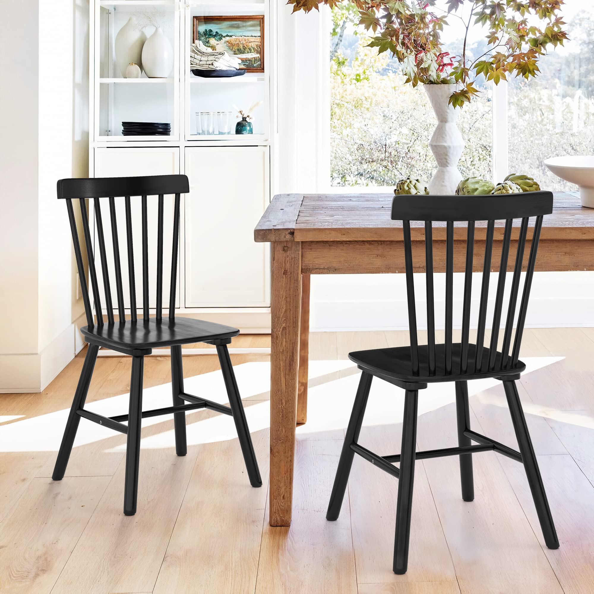 LUE BONA Windsor Dining Chairs Set of 2 - Solid Wood Spindle Back Farmhouse Style Kitchen & Dining Room Chairs in Black - Perfect for Country Homes, Breakfast Nooks, and Rustic Decor