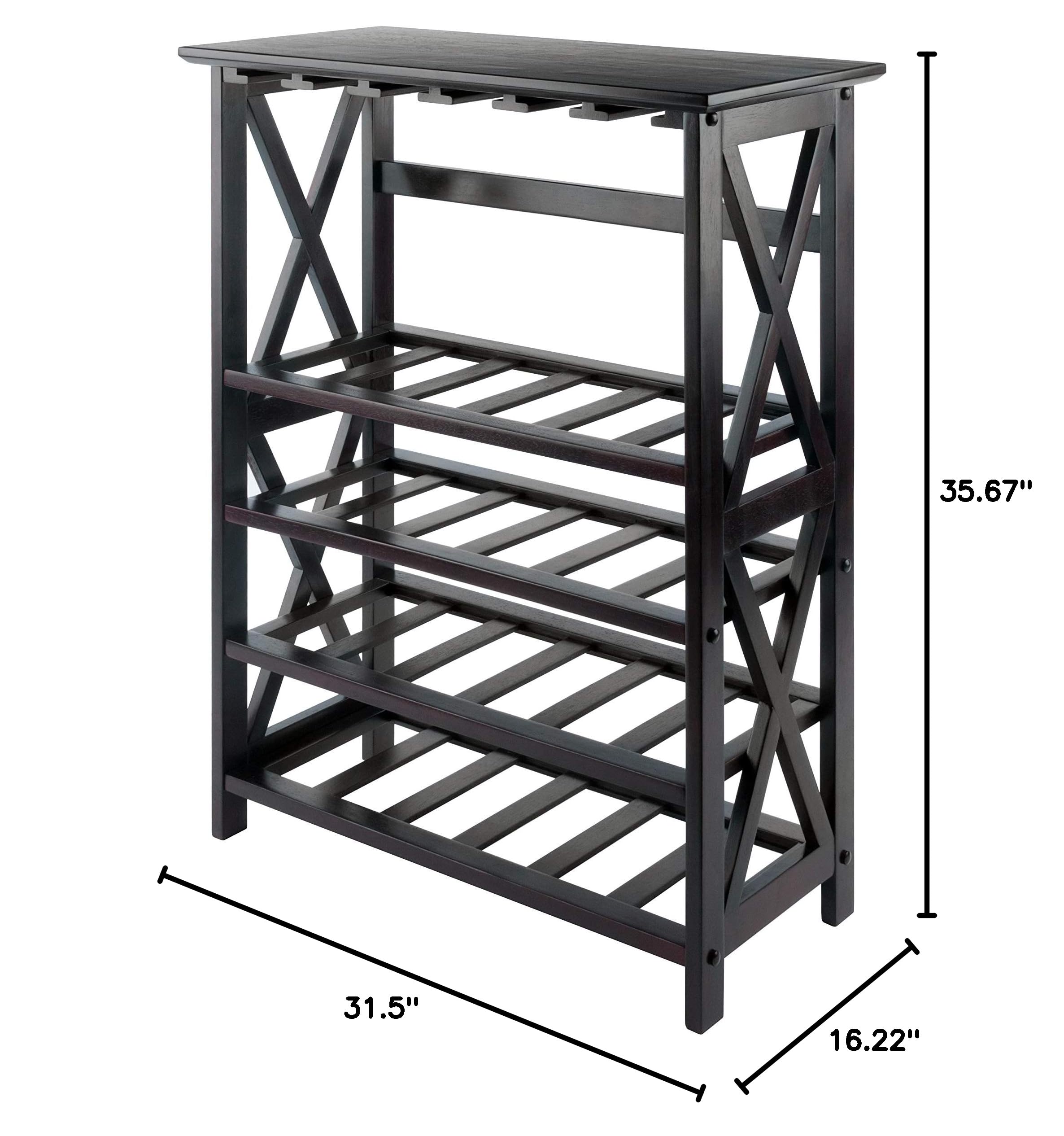 Ergode Newport Expandable Wine Bar Countertop with Hanging Glass Rack - Solid Wood Walnut Finish, 9-Bottle Storage, Drawer & Open Shelf - Perfect for Kitchen, Dining Room or Home Bar Decor (92432-VV)