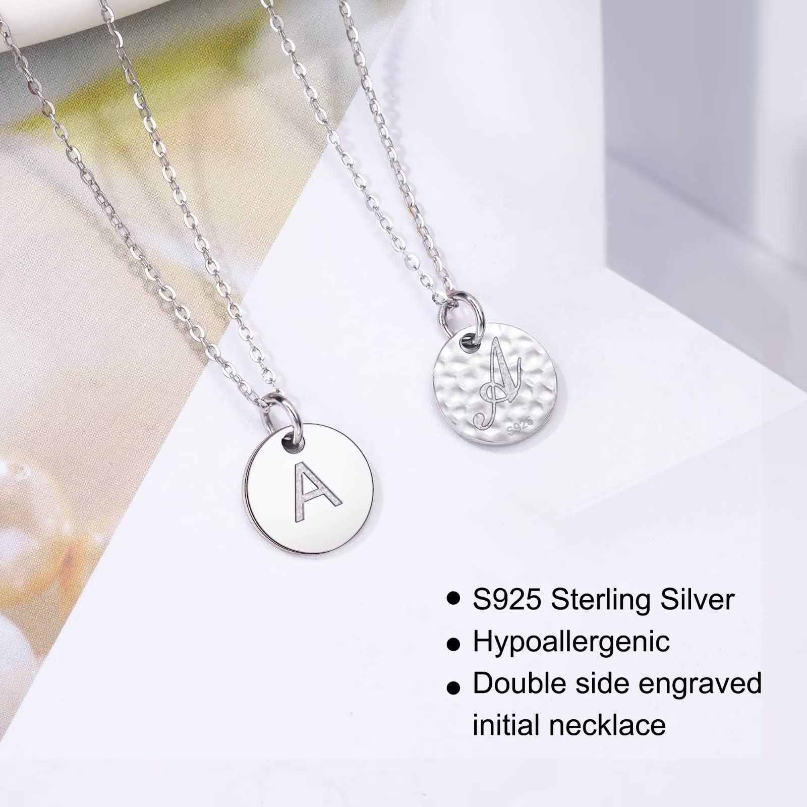 Hidepoo S925 Sterling Silver Double Sided Engraved Initial Necklace for Women & Girls - Dainty Hammered Disc Letter Pendant Jewelry - Perfect Birthday Gift for Teens & Women | Everyday Wear, Special Occasions, Personalized Style