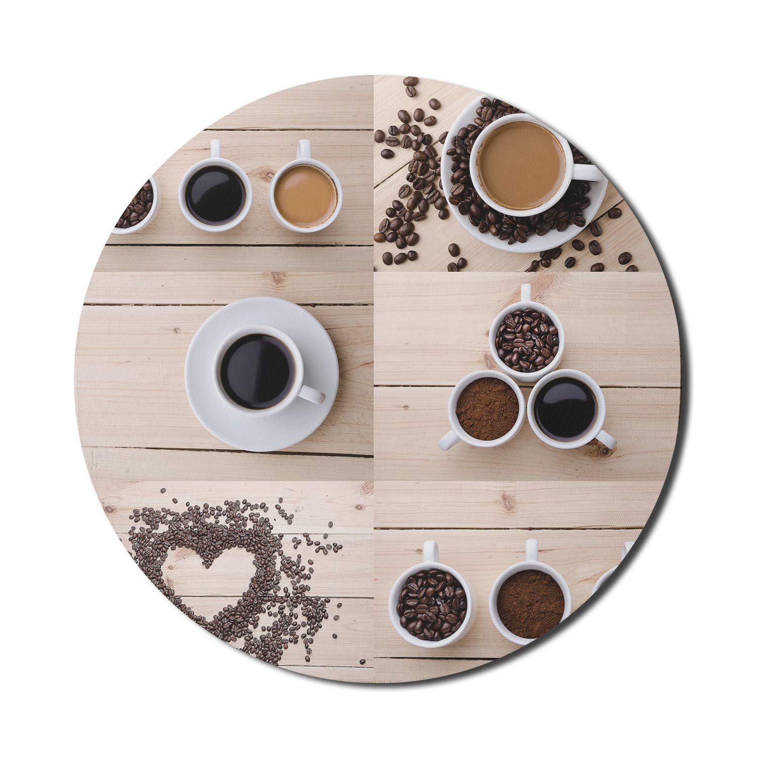 Ambesonne Round Coffee Lover Mouse Pad - 8 Inch Non-Slip Rubber Gaming Mousepad with Coffee Mug & Beans Design - Perfect for Office, Home & Gaming Desks (Black/Brown/Tan)