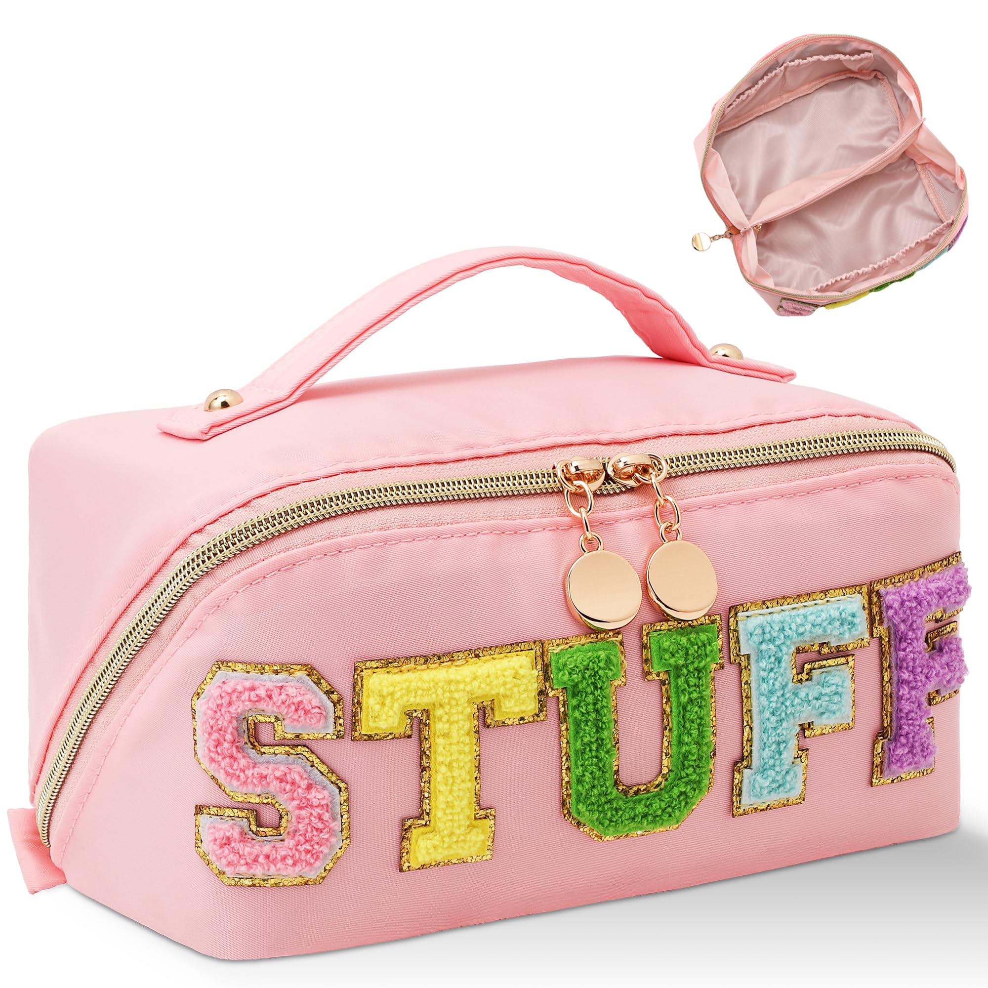 Stoney Clover Preppy Makeup Bag - Large Capacity Travel Cosmetic Organizer with Chenille Letters | Pink Nylon Makeup Pouch for Girls & Women | Perfect for Travel, Gym, School & Daily Essentials Storage