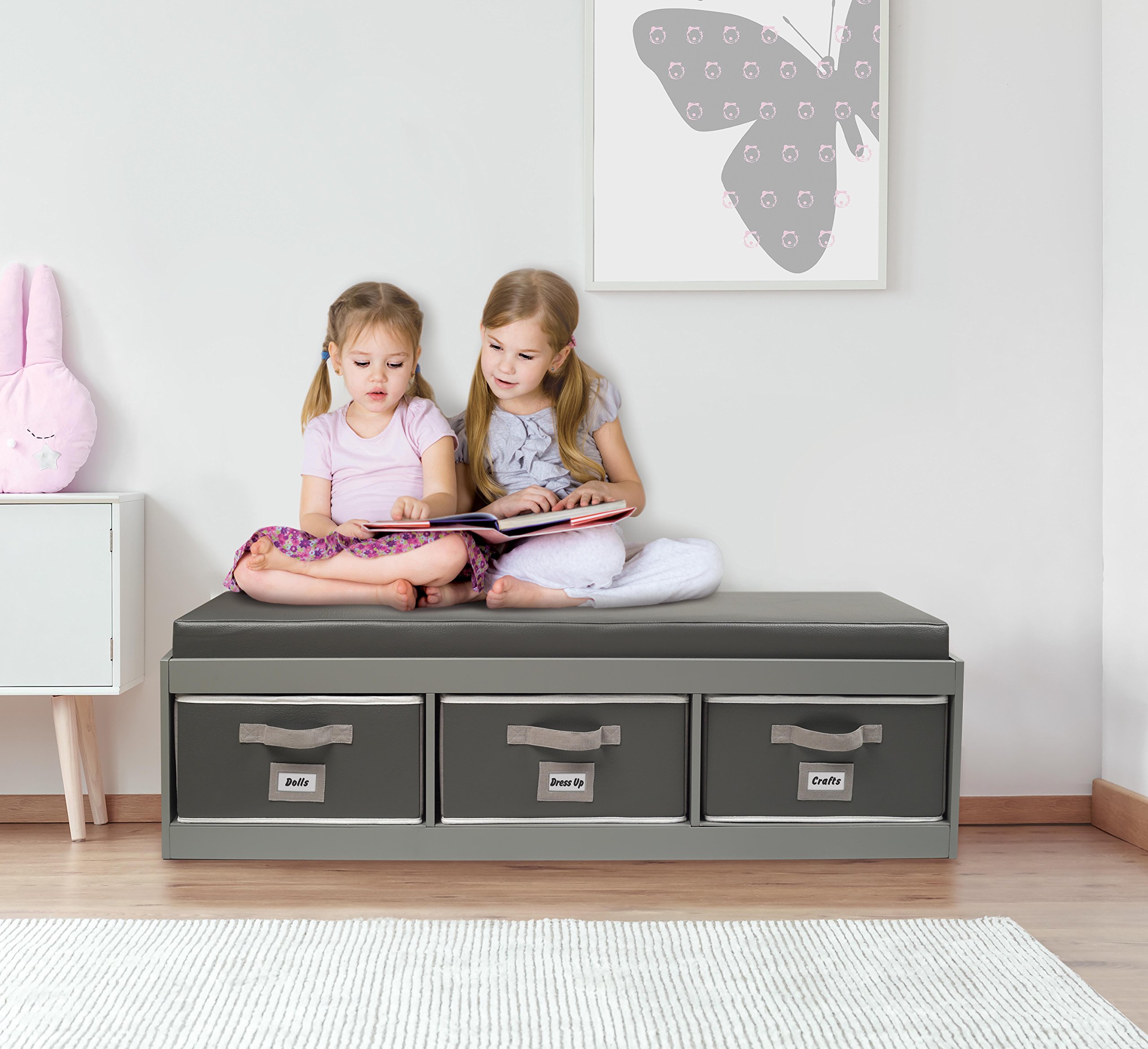 Badger Basket Kid's Padded Toy Storage Bench with Removable Cushion & 3 Fabric Bins - Gray | Organize Toys, Books & Kids Room Decor | Perfect for Playrooms, Bedrooms & Daycare Centers