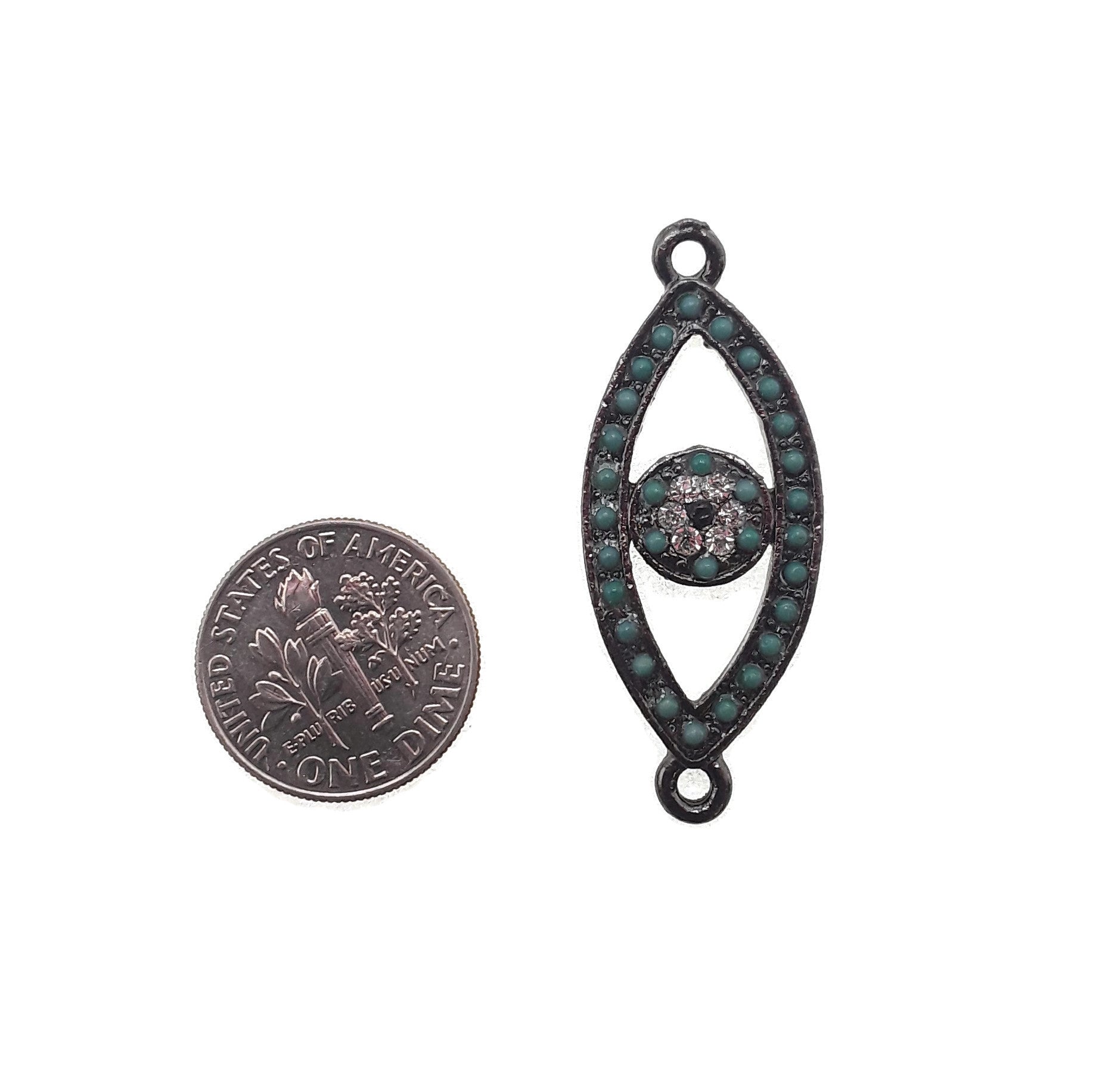 Evil Eye Charm Black Plated Copper Pendant with Micro Pave Red & Green Zircon Stones (15x30mm) - Protection Jewelry for Women, Men, Gift for Travel & Good Luck