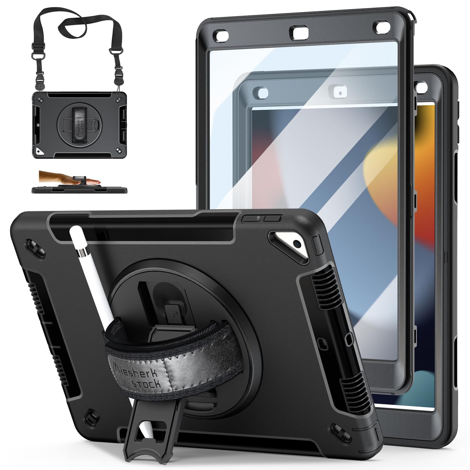 Military Grade Shockproof iPad 9th/8th/7th Gen Case (2021/2020/2018 Models) - 10.2 Inch Protective Cover with Screen Protector, Stand, Handle, Shoulder Strap & Pencil Holder - Perfect for Work, School & Travel - Black