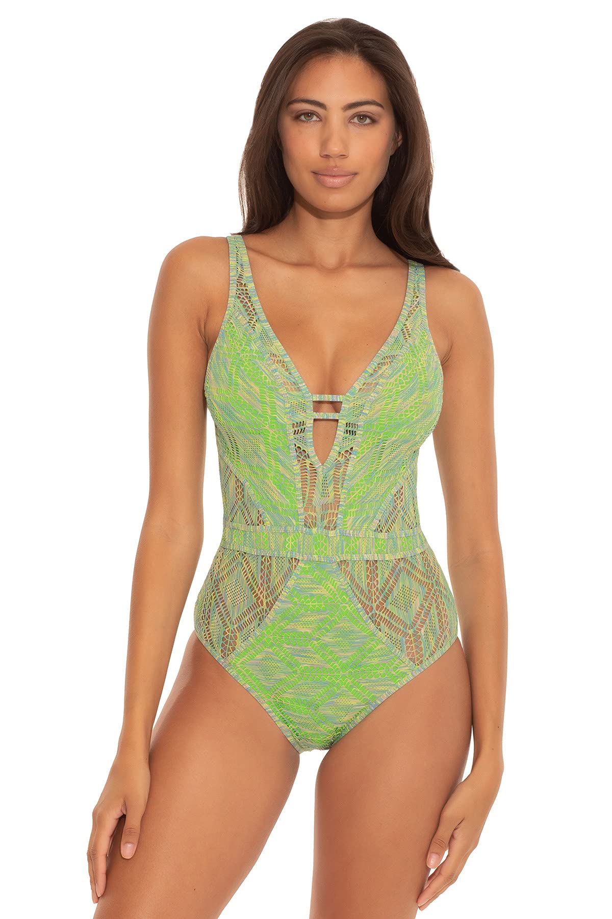 Becca by Rebecca Virtue Mosaic Crochet Plunge One-Piece Swimsuit - Sexy Summer Beachwear for Women, Perfect for Pool Parties & Tropical Vacations