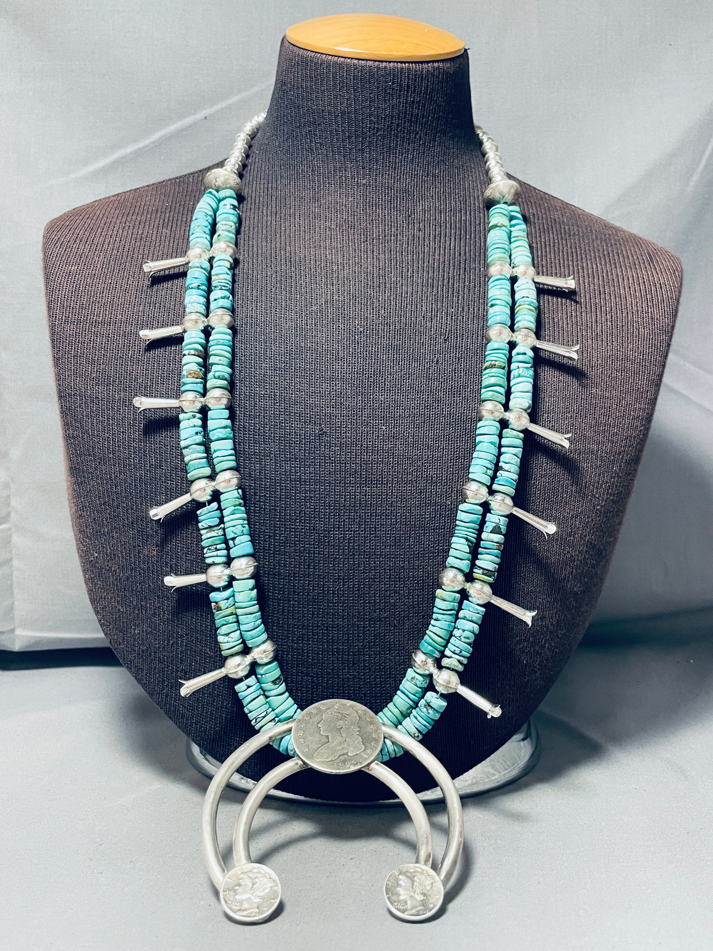Authentic Navajo Sterling Silver Squash Blossom Necklace with Turquoise Coin - 191g Handcrafted Native American Jewelry for Women - Perfect for Boho Fashion, Weddings & Special Occasions