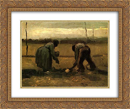 Vincent van Gogh Peasant and Peasant Woman Planting Potatoes 24x20 Gold Ornate Framed Art Print - Double Matted Museum Quality Reproduction for Home Decor, Office Wall Art & Gift