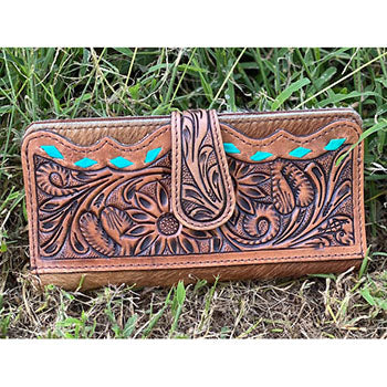 Handcrafted Turquoise Buckstitch Leather Wallet for Men & Women - Western Style Bifold Wallet with Tooled Design - Perfect for Cowboy Boots, Rodeo, and Western Fashion Accessories