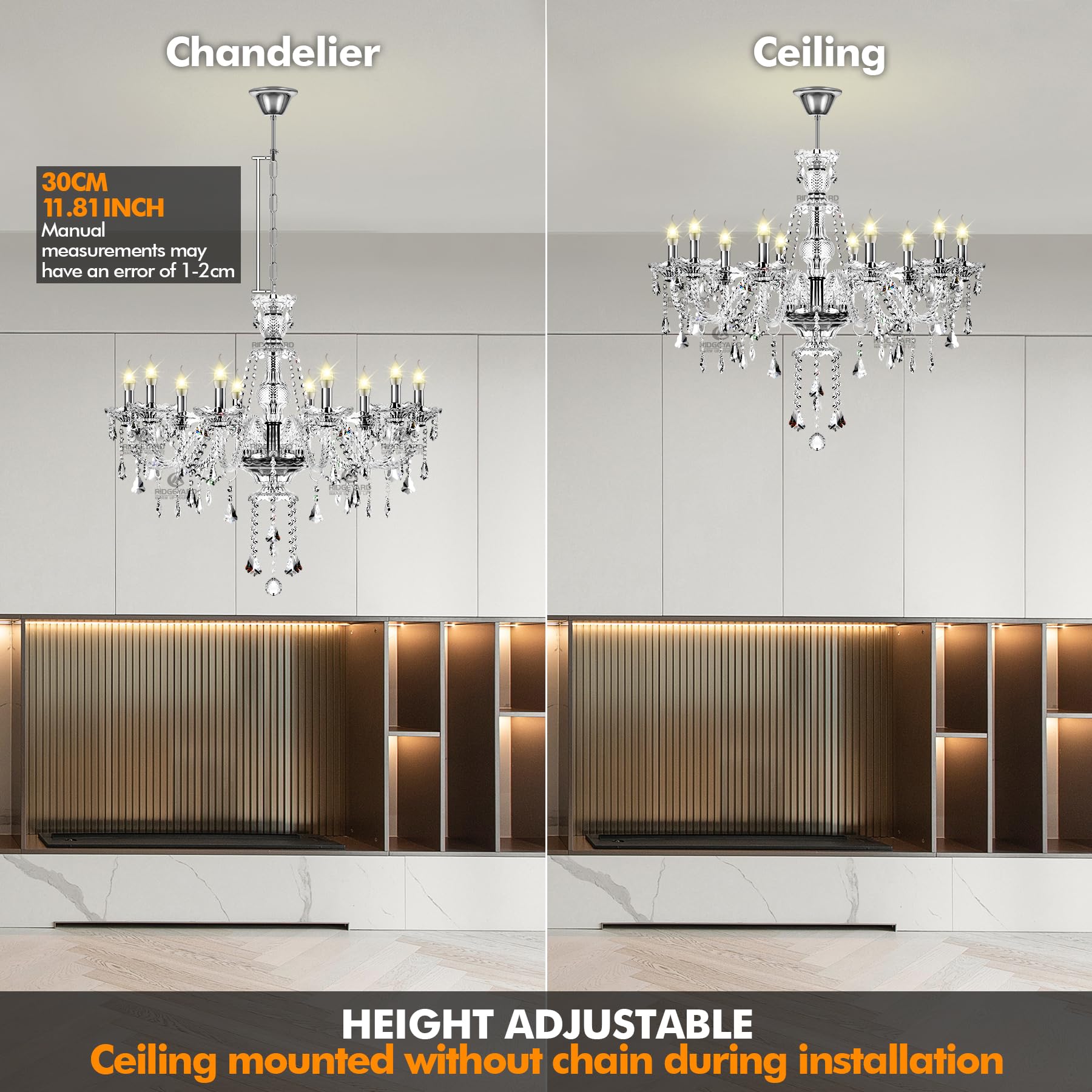 Modern Crystal Chandelier Ceiling Light Fixture - 10-Light E12 Base Pendant Lamp for Living Room, Dining Room, Bedroom, Hallway | Elegant Lighting for Home, Hotel, Restaurant & Bar Decor